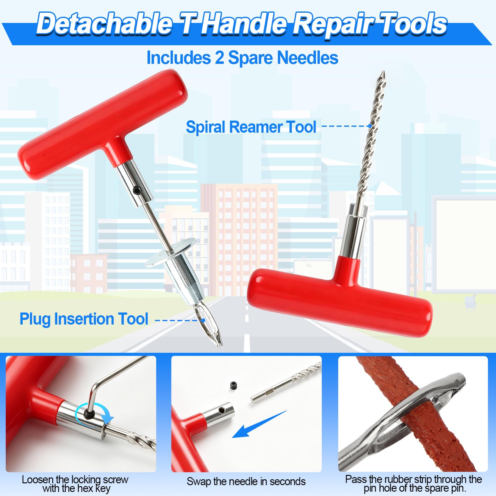 Kit de tapones para neumáticos, kit de reparación de neumáticos sin cámara de 130 piezas con herramientas de mango en T de metal resistente, tiras de reparación, tapones de reparación