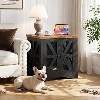 HOOBRO Dog Crate Furniture for Small to Medium Dogs, Dog Kennel Indoor with Barn Doors, Pet Cage Side End Table for Living Room, Bedroom, Black and Walnut BH60GW03