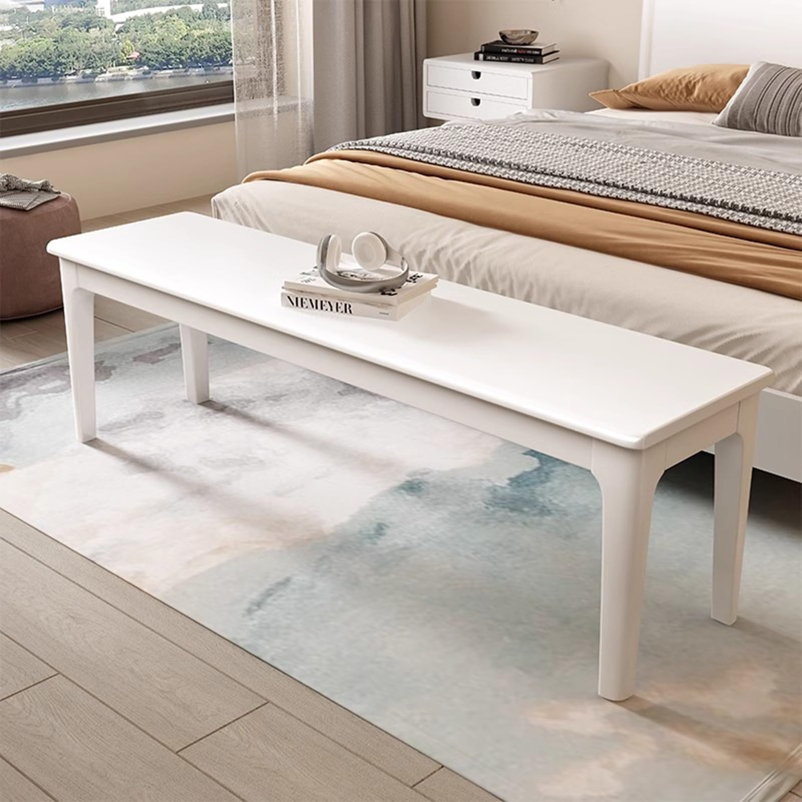 Modern Solid Wood Kitchen Bench with Rounded Corners Versatile Dining & Living Room Seating Stylish End of Bed Bench White 100cm/39.4in - Home Décor Essential