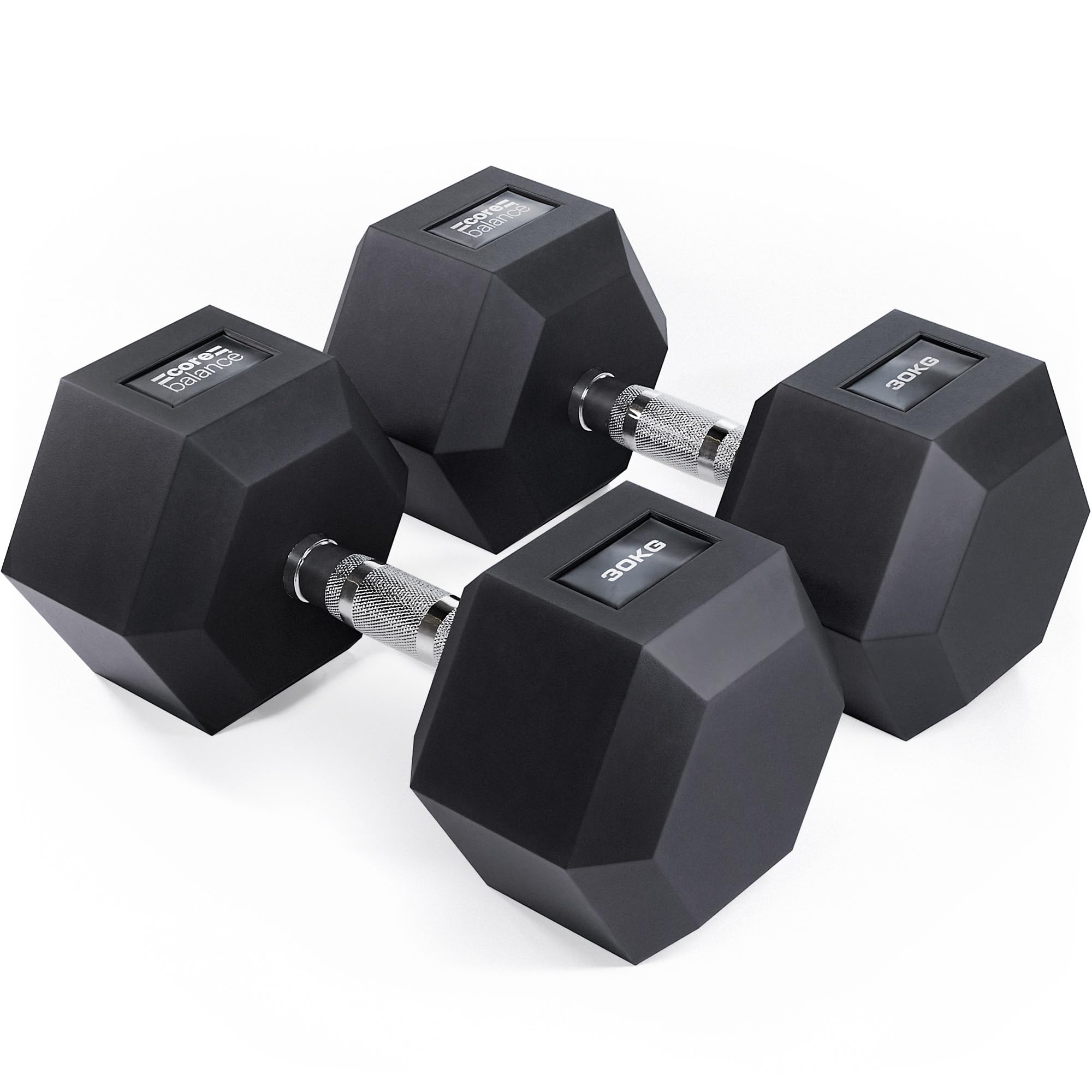 Core Balance Hex Dumbbells Pair – 2 x 30kg, Cast Iron, PVC Coated Anti-Roll Hexagonal Weights, Knurled Non-Slip Handles, Home Gym Fitness, Strength Training, Weight Lifting