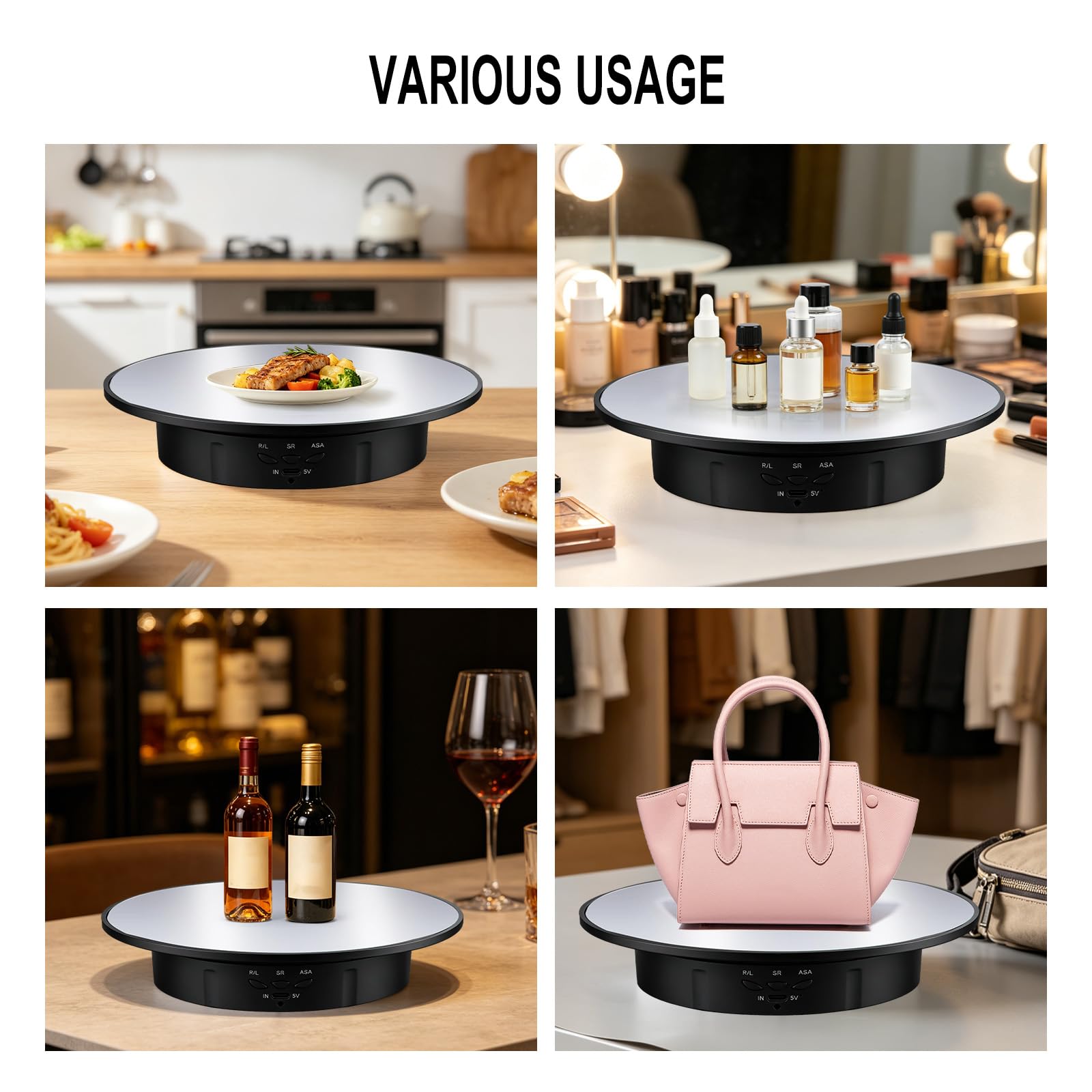 Espositore Girevole Elettrico 360°, Base Girevole Elettrica con Ricarica USB 3 Velocità, Piatto Girevole Elettrico per Torte Gioielli Modelli Collezioni Fotografia Live (Nero)