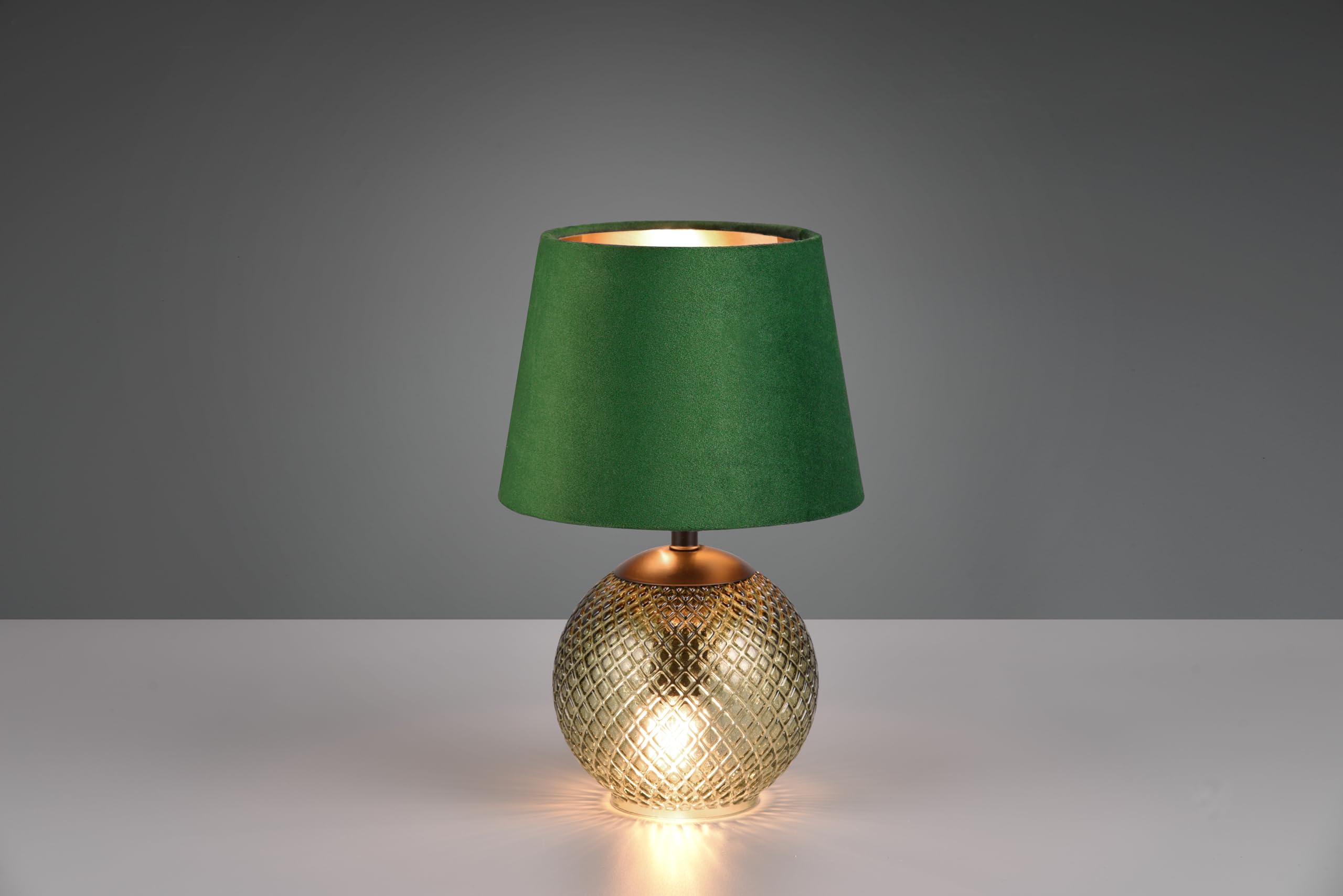 Reality Leuchten RL Lámpara de mesa Jonna R51242015, base de cristal verde, pantalla verde terciopelo/dorado, excl. 2x E14