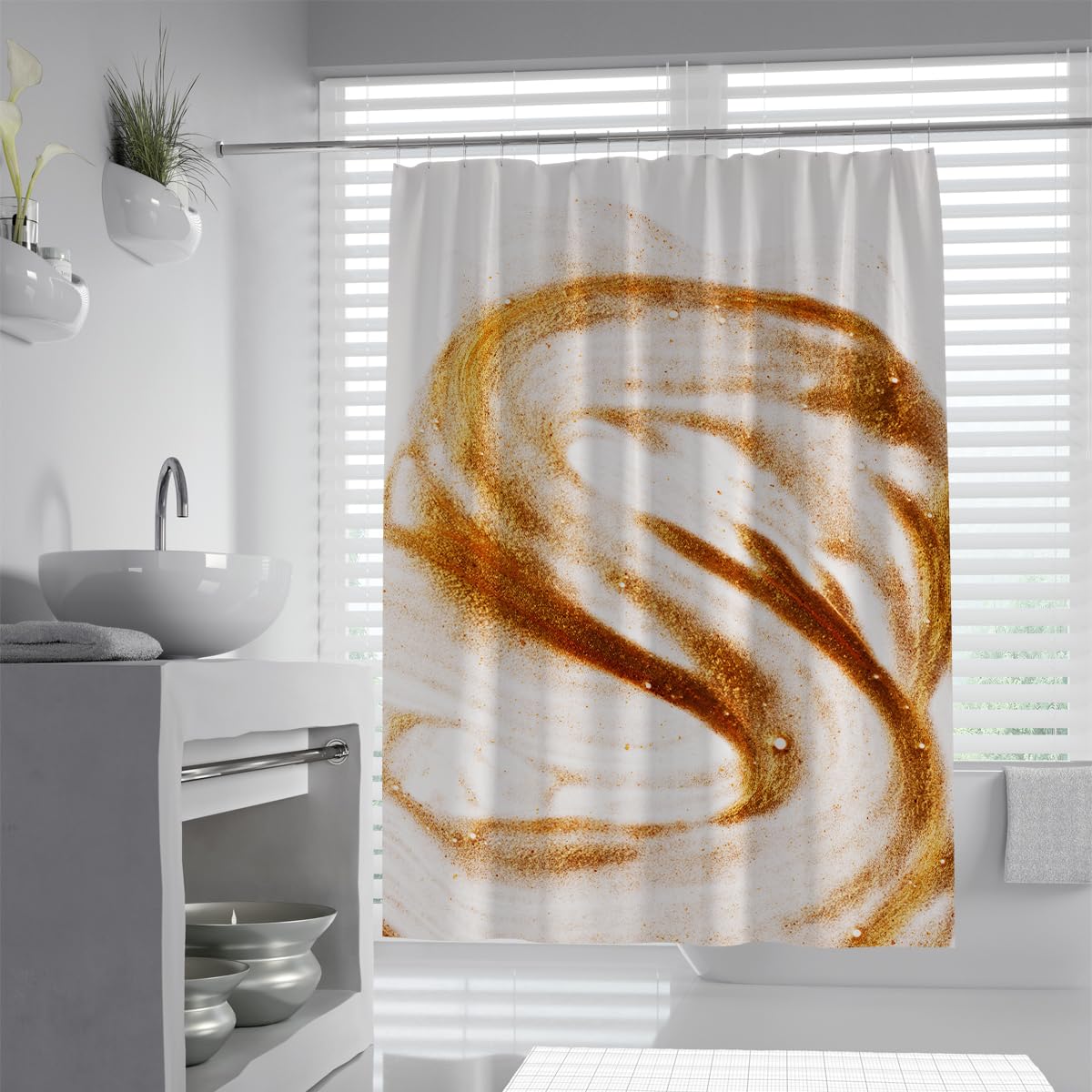 UIRINGART Modernism Bath Curtain W200xL220cm Golden Amber White Abstract Swirls Liquid Texture Pattern Mildew Mould Resistant Polyester Fabric Bathroom Wet Room Tub