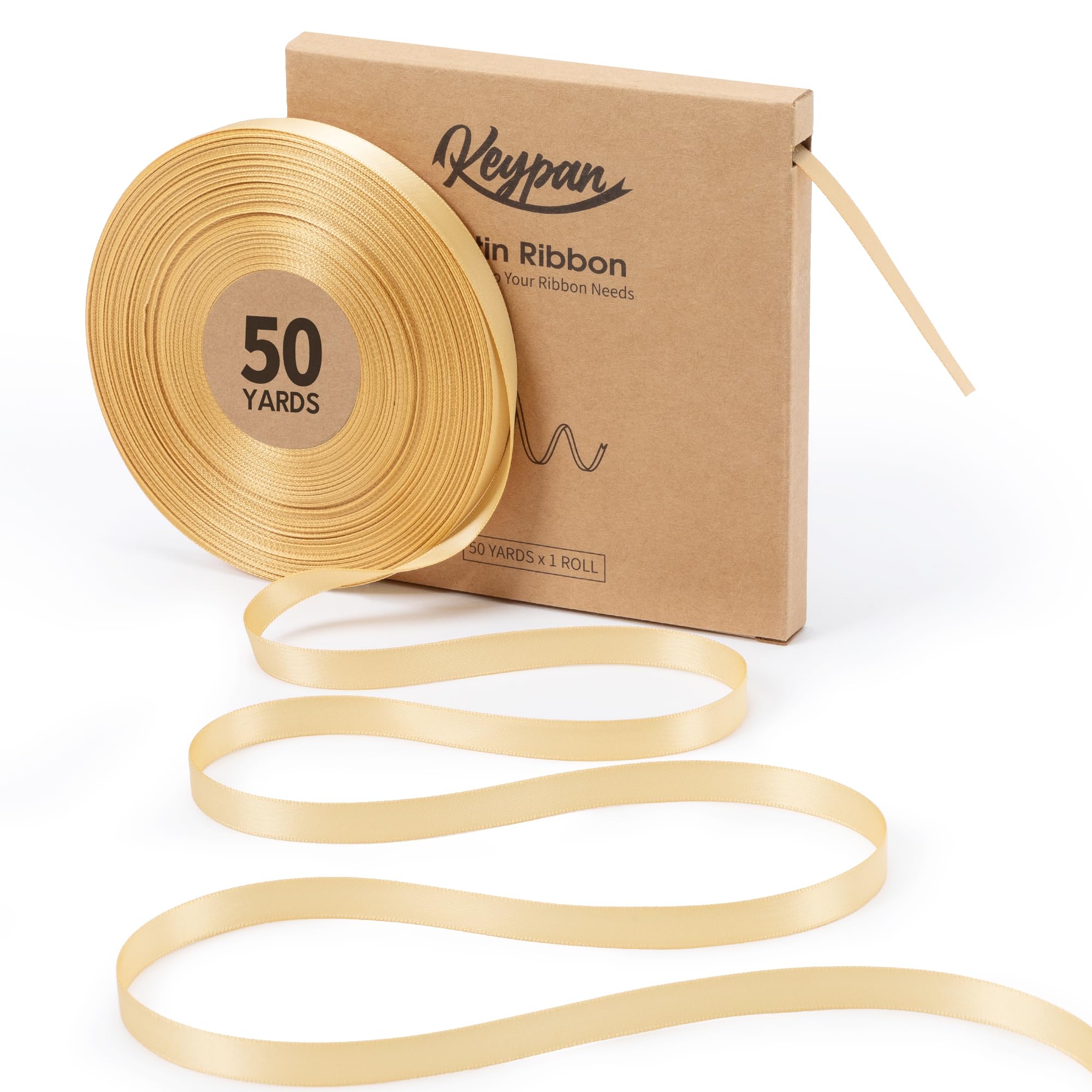 Keypan Champagne Satin Ribbon 10MM X 45.72M Double-Faced Thin Ribbons for Hair Bows Gift Wrapping Crafts Floral Bouquet Hair Wedding Invitations — image 1