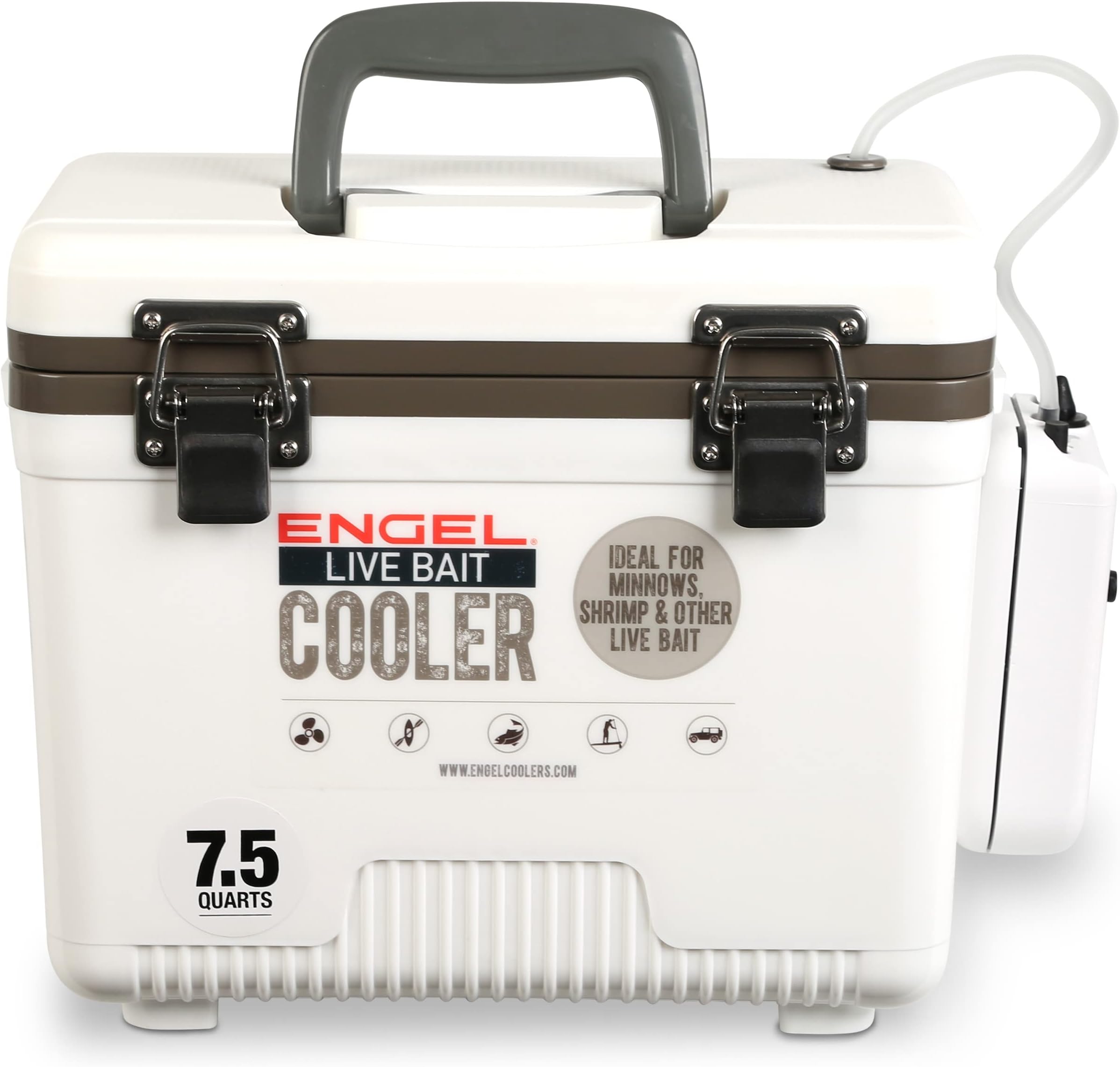 Engel 7.5qt Live Bait Cooler Box with 2nd Gen 2-Speed Aerator Pump - Portable Fishing Station & Minnow Bucket for Shrimp & Other Live Fish with Aerator - ENGLBC7-N in White