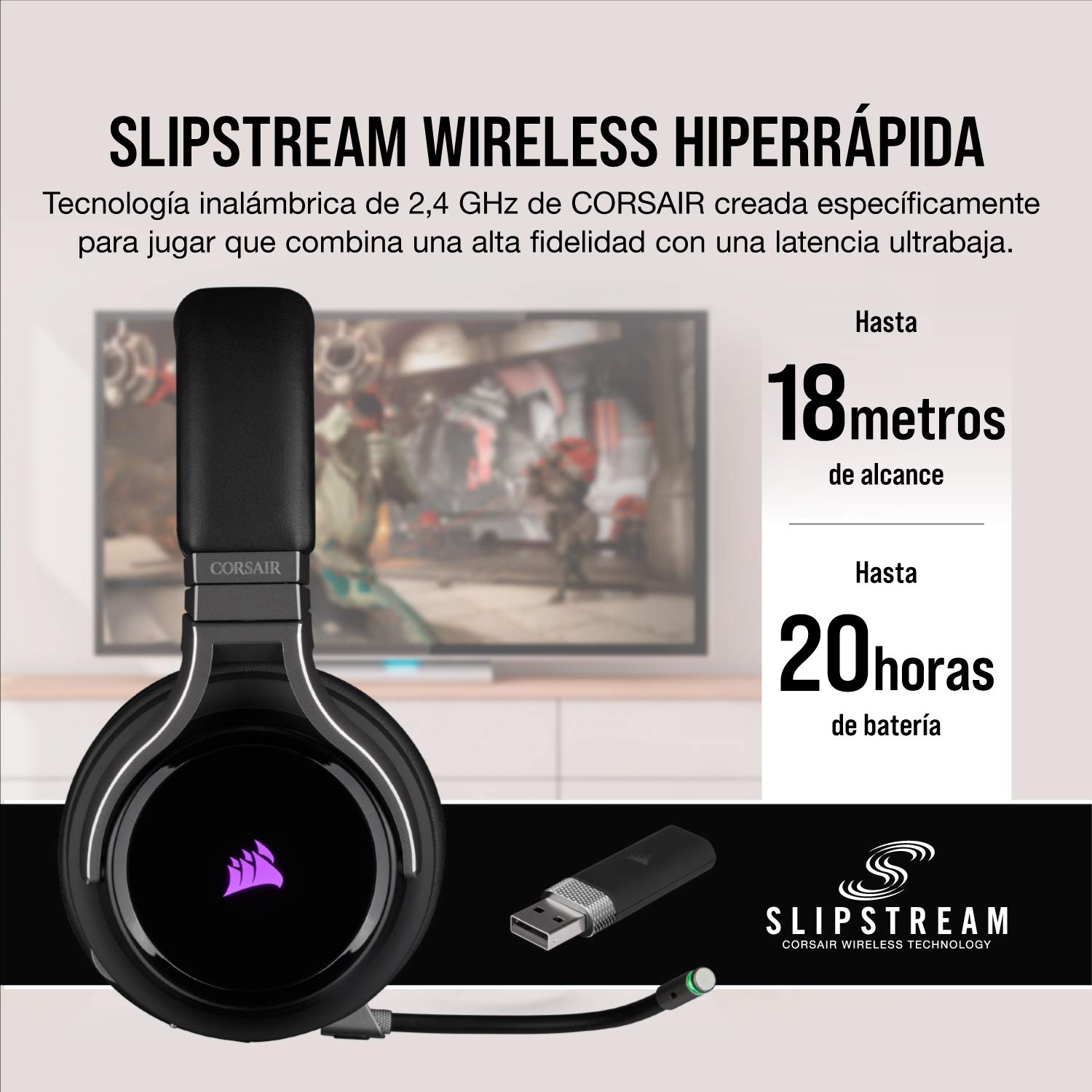 Corsair VIRTUOSO RGB WIRELESS, Auriculares para Juegos de Alta Fidelidad, Envolvente e Inmersivo 7.1, Micrófono Extraíble y Omnidireccional, para PC, PS4, Switch y Móviles, Negro