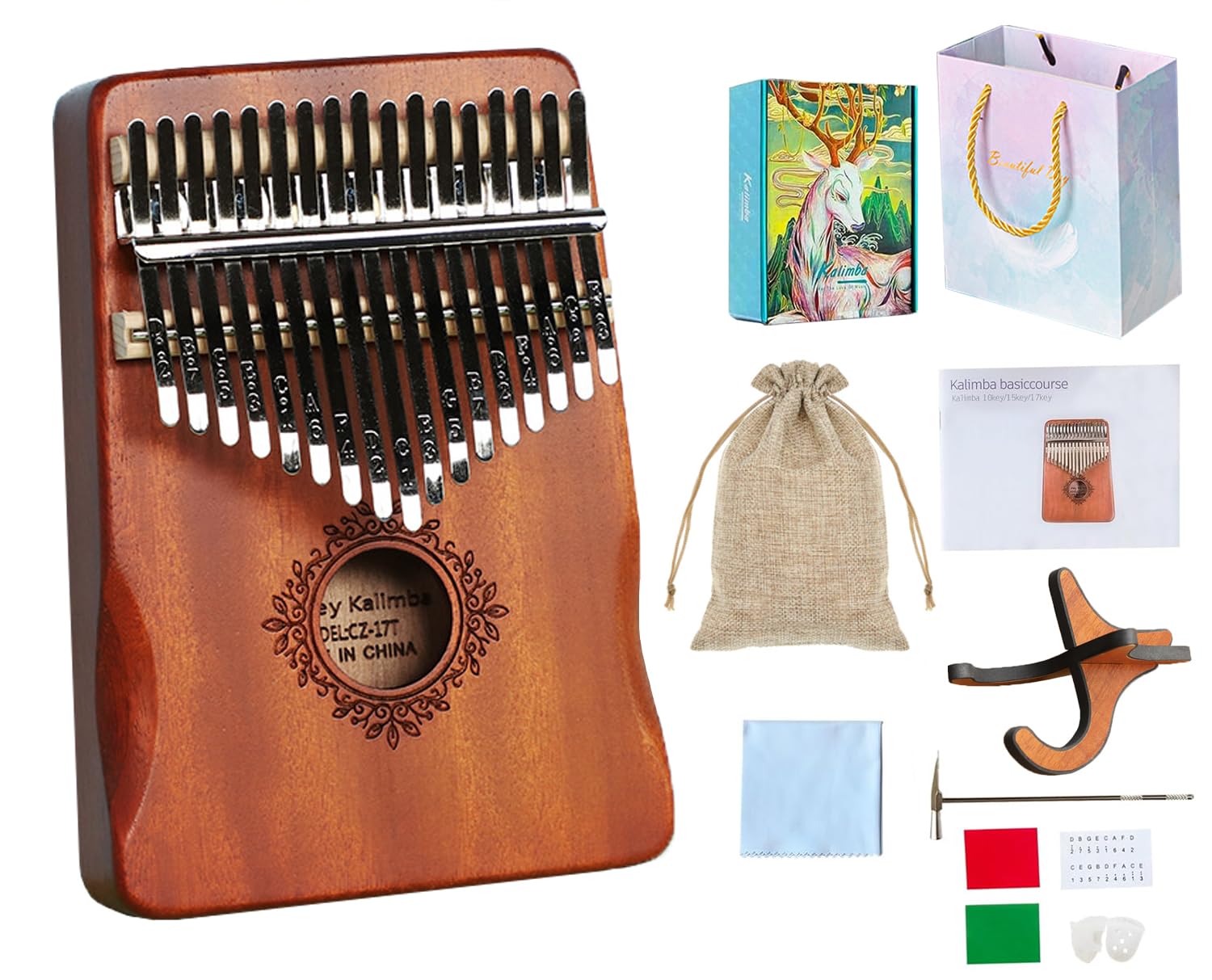 Kalimba 17 Clés Piano à pouce, Piano à Doigt Portable Mbira avec Support, Marteau d'accordage, Livre de Chansons, etc. Professionnel Instrument de Musique pour Adultes Débutants