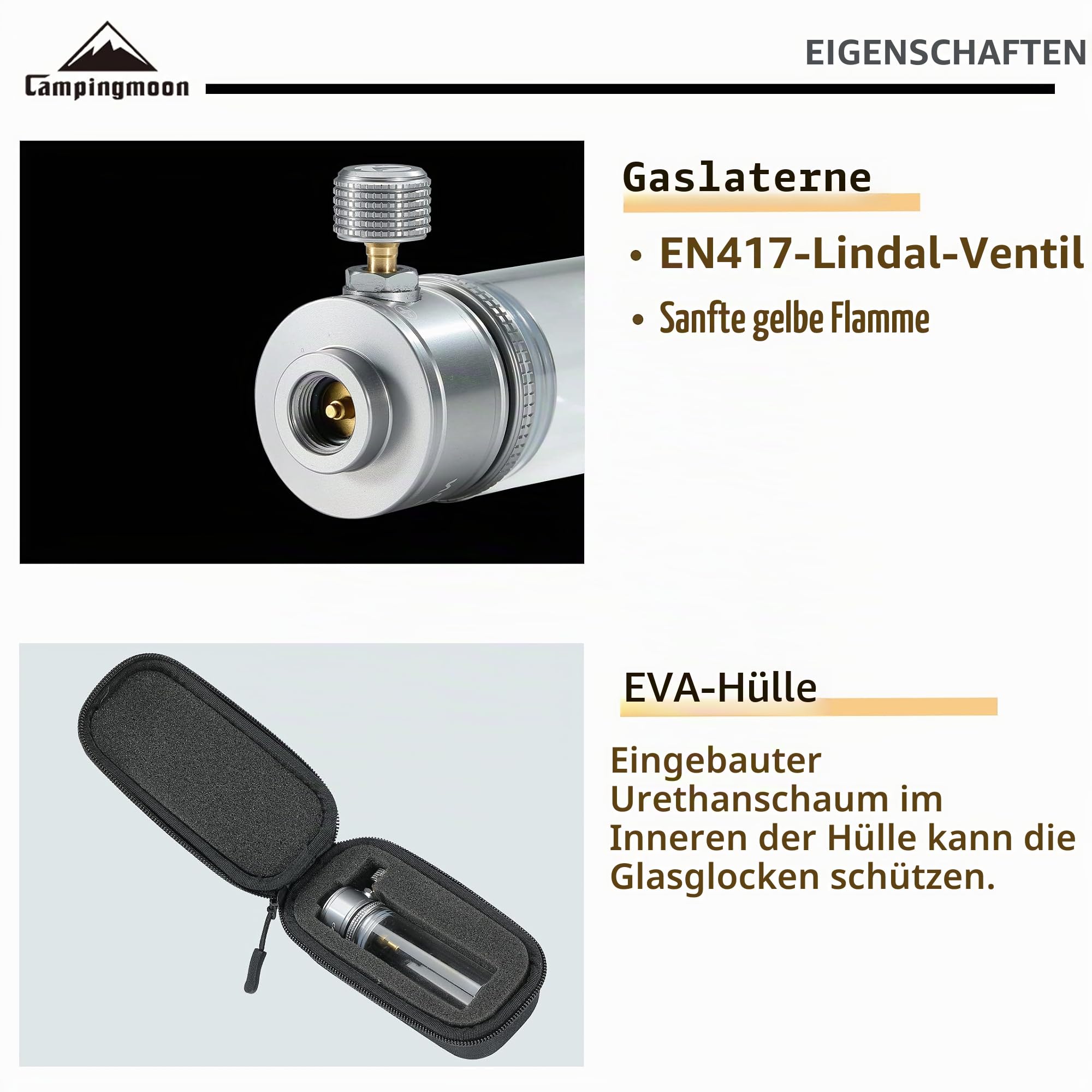 CAMPINGMOON Gaskerzen-Laterne mit EN417 Lindal Ventil Standard Camping-Kanister T-1D