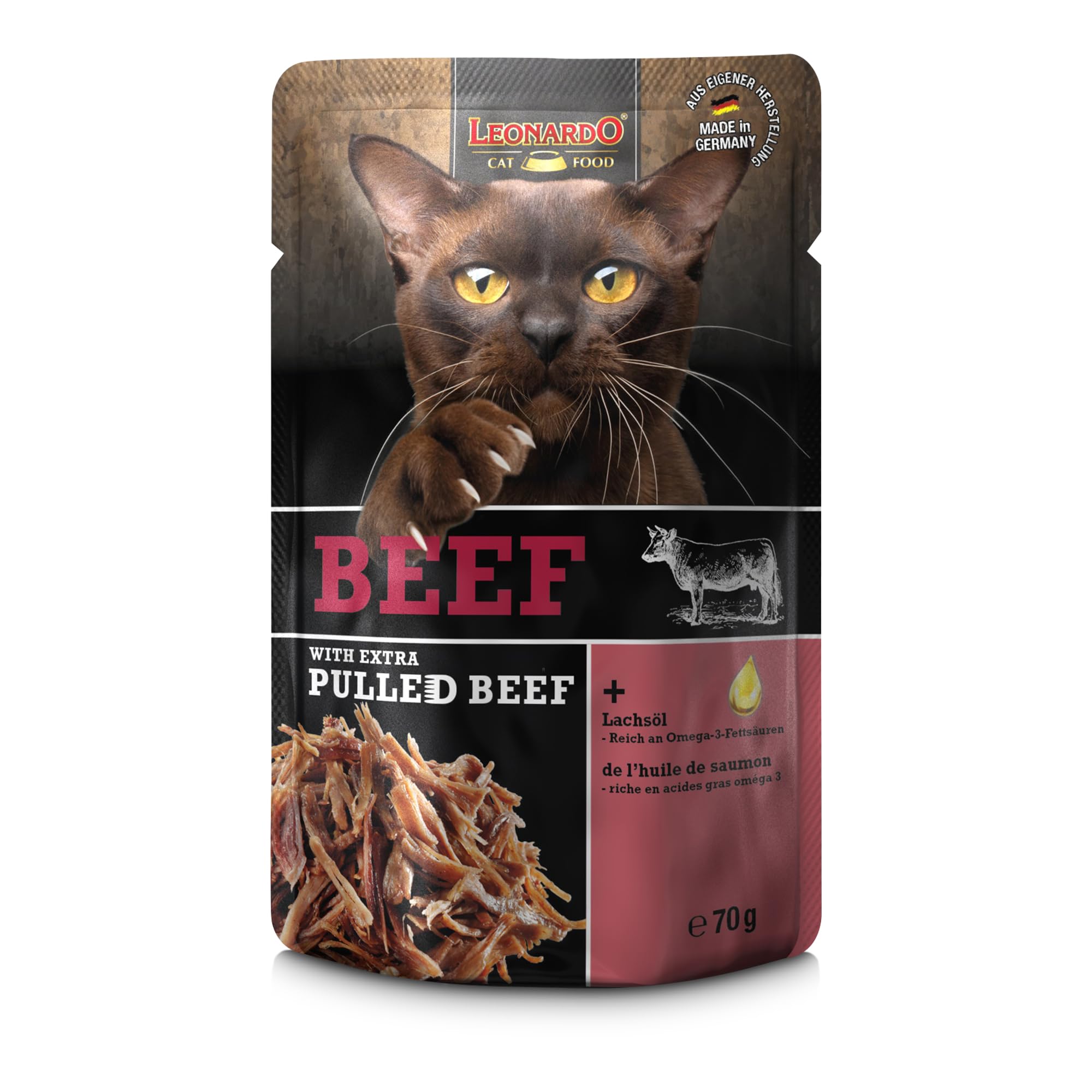 Leonardo Beef mit extra Pulled Beef Katzenfutter, 2 x 16 x 70 g | Doppelpack, Alleinfuttermittel für ausgewachsene Katzen, Einzelportionen im Beutel, Mit saftigem Fleisch