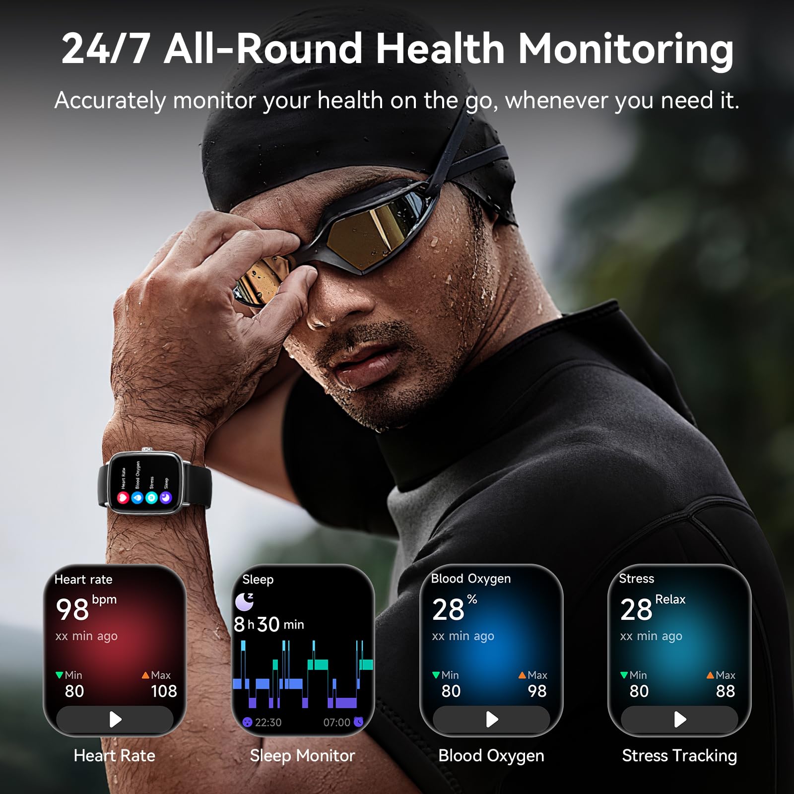 Smart Watch for Women Men, 1.85" HD AMOLED Fitness Tracker (Answer/Call) with 24/7 Heart Rate/Sleep/SpO2 Monitor for iPhone & Android, 120+ Sports Modes Smartwatch with IP68 Waterproof, 2 Bands — view 5