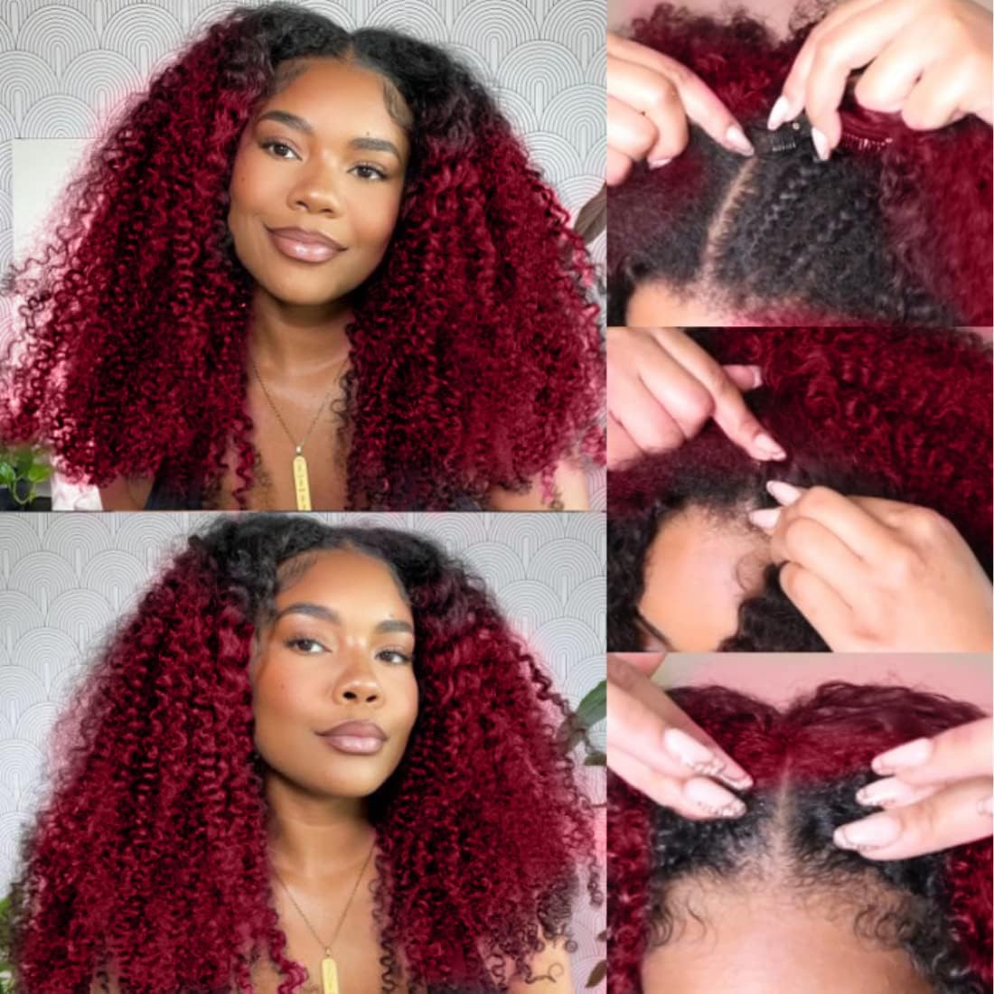 Black Root Burgundy Curly V Part Wigs - Human Hair Upgrade U Part Wigs - 18Inch, 1B/99j, 18 Inch - Image 3