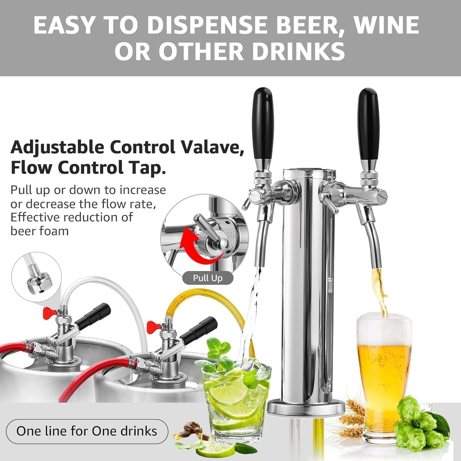 New Dual Co2 Regulator for Kegerator with Tank Wrench & New Adjustable Dual Tap Kegerator Tower Beer Tap Tower with 1/4" Barb