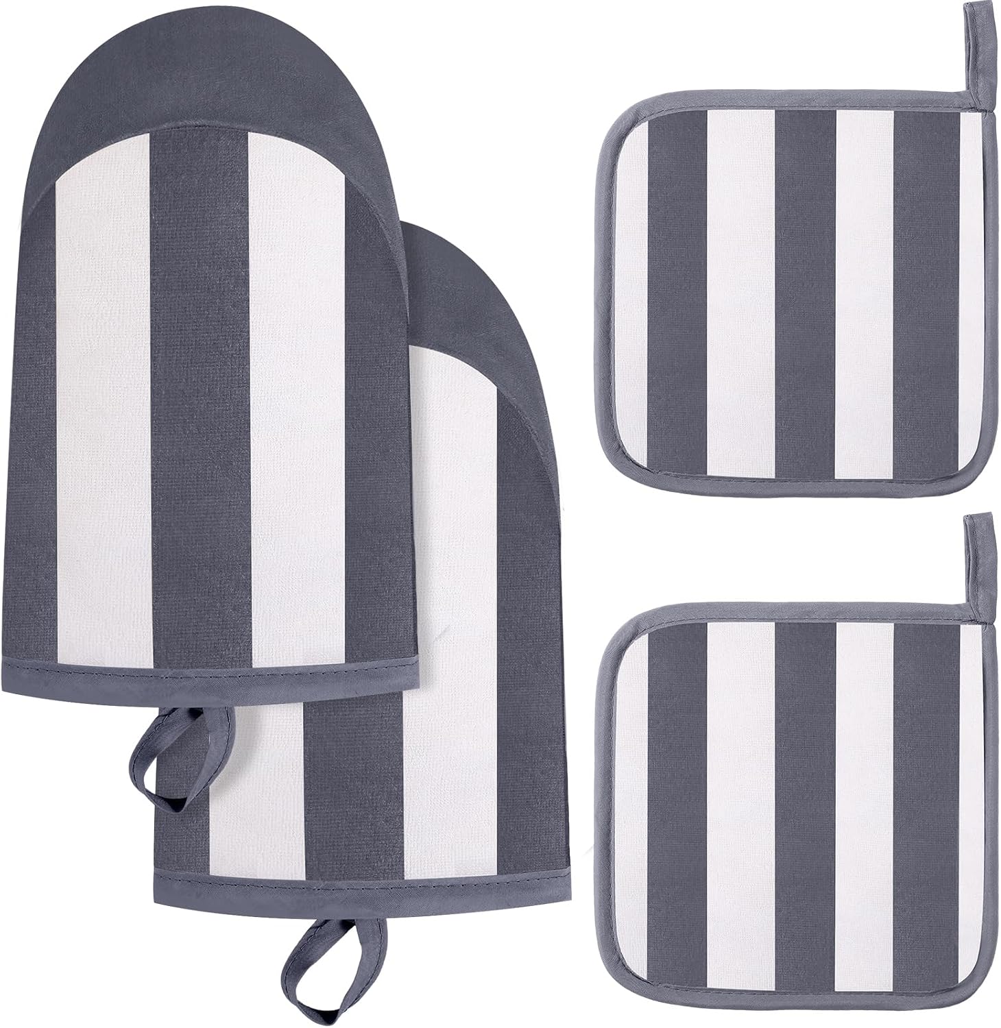 Reallnaive 4 Pcs Stripe Oven Mitts and Pot Holders Set, Cotton Oven Mitten Gloves Hot Pads Heat Resistant 500°f for Kitchen, Outdoor Indoor Garden Baking Cooking BBQ Gift Hanging Loop, Beige(Brown)