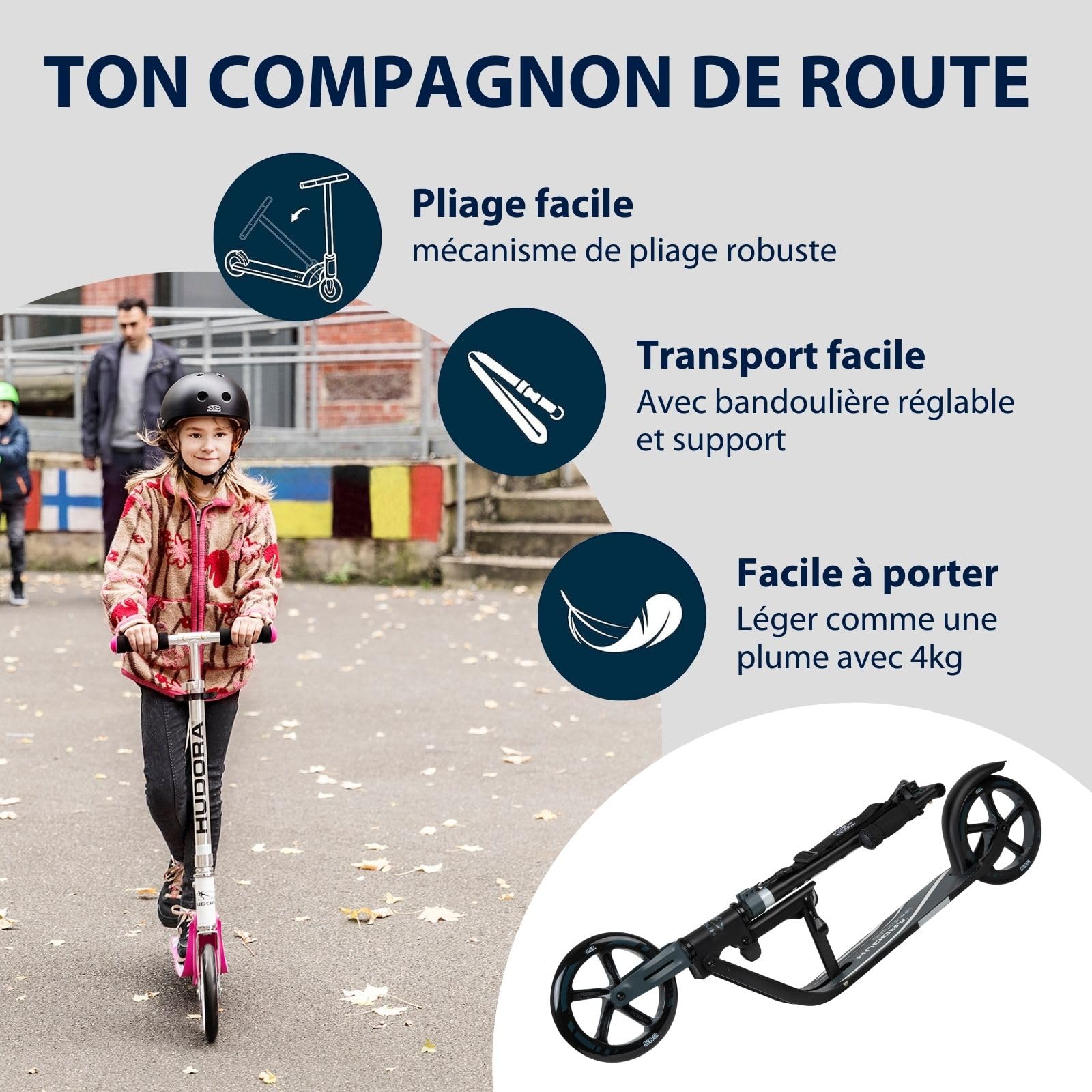 HUDORA BigWheel 205 Scooter - Trottinette Stable en Aluminium - Trottinette de Ville Ajustable en Hauteur & Pliable avec béquille - Trottinette Sportive pour Enfants & Adultes jusqu'à 100kg
