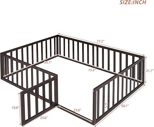Miniatura 2 de Voohek Cama de suelo tamaño Queen para niños pequeños de 1 a 3 años, con valla y puerta, marco de metal, no necesita listones, espacio de juego para
