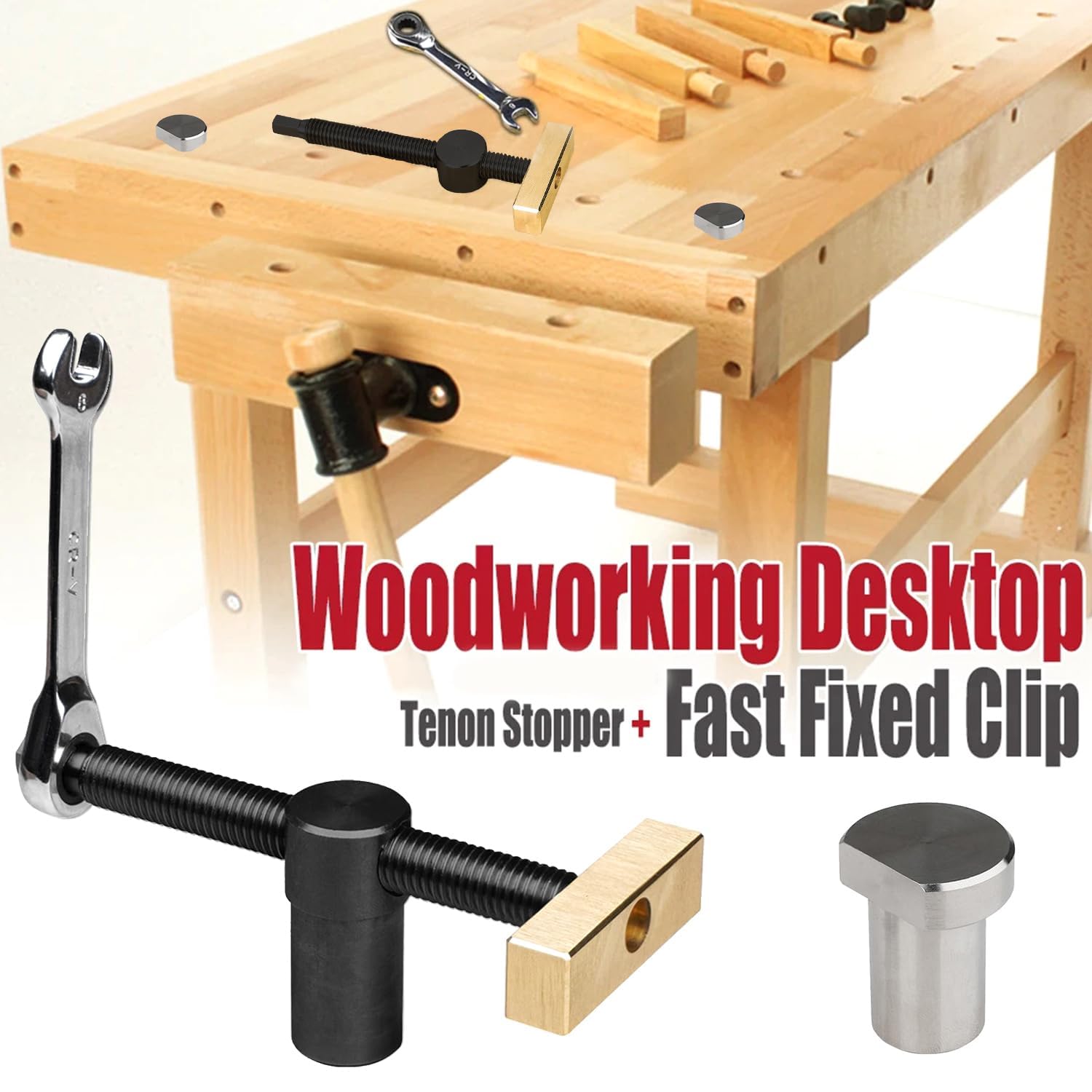 Lot de 2 Etau Etabli Avec 4 Bench Dog, Serre Joint Menuisier pour Trous de Banc de 20 mm, Pince Etau Positionnement, Clip de Bureau Réglable, Accessoire Etabli pour Fixation Rapide