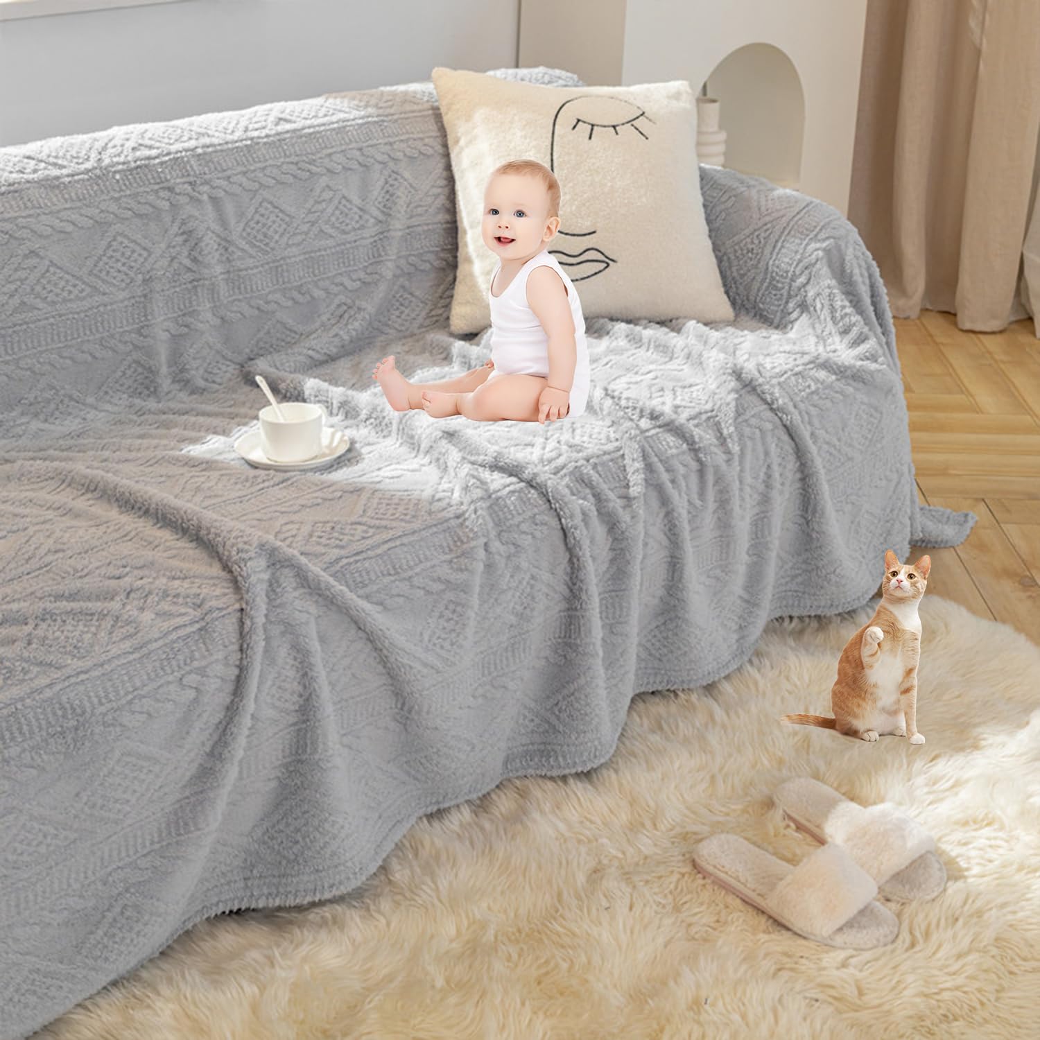 Funda de sofa seccional lavable y apta para mascotas en tejido jacquard gris de 3 plazas