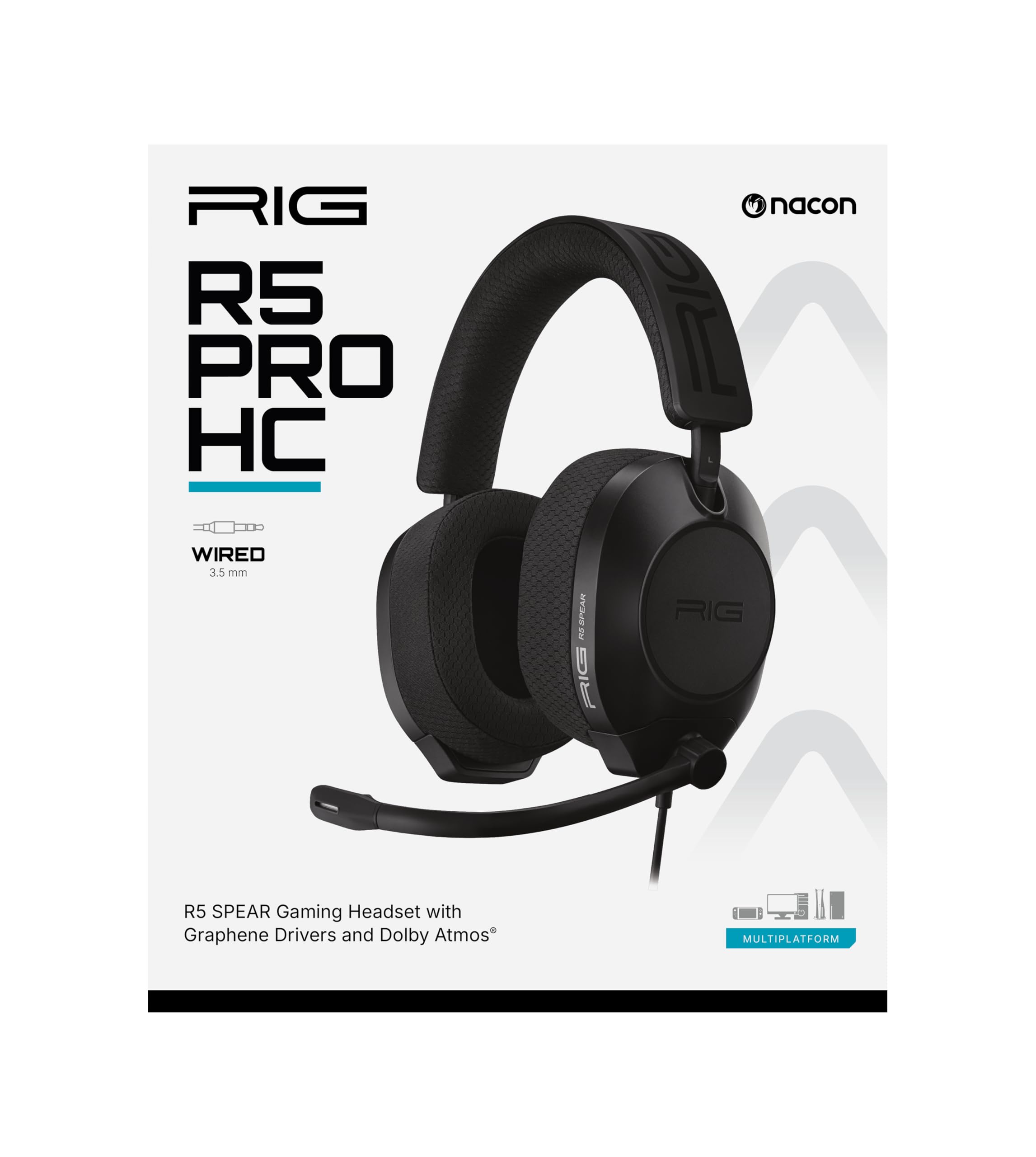 RIG R5 Spear PRO HC - Cuffie da gioco multipiattaforma cablate per PS5, PS4, Xbox Series X|S, Nintendo Switch/Switch 2, PC, driver in grafene da 40 mm, audio Dolby Atmos 3D, microfono flip-to-mute