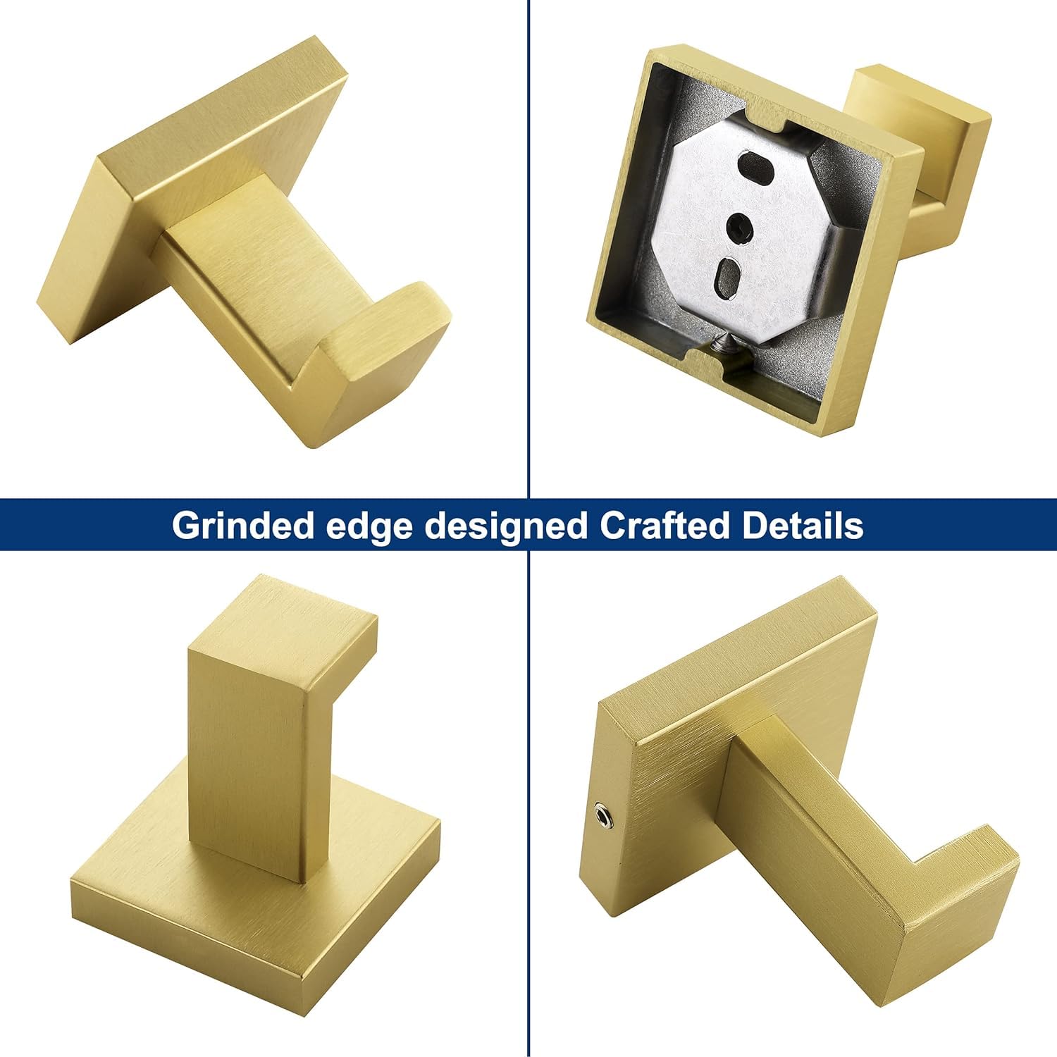 QNIIAED 2 Pcs Square Bathroom Towel Hook,Metal Coat Hook Wall Mounted Robe Hook SUS 304 Stainless Steel Heavy Duty Door Hanger Hook Screw in for Bedroom or Kitchen(Brushed Brass Gold) - Image 3