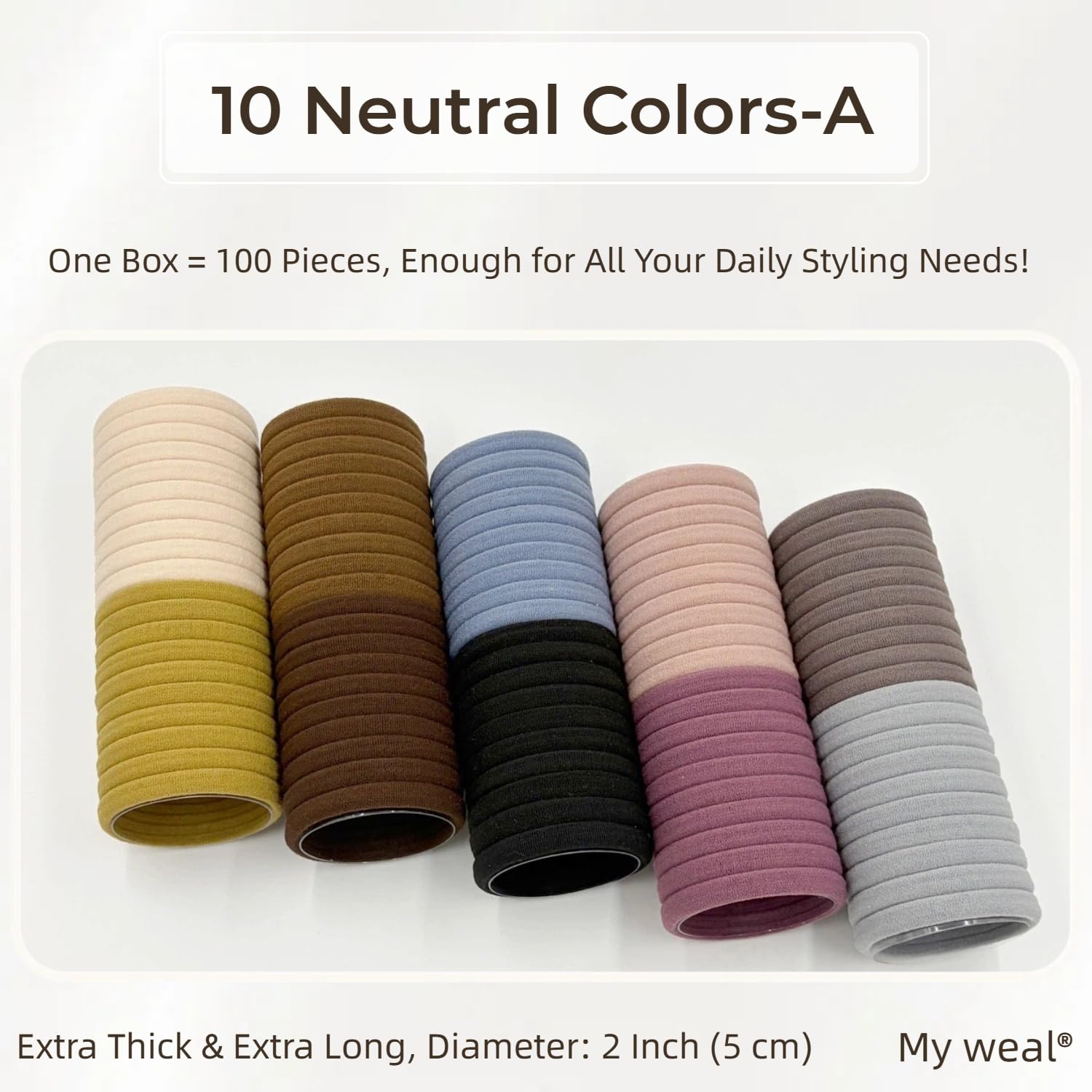 100 PCS Nylon Hair Ties No Damage,Extra Thick Large 2 Inch(5CM), Seamless Hair Bands for Women Girls Thick Hair Ponytail Holders,Elastic Scrunchies,Head Bands Fashion Accessories (10 Neutral Colors-A)