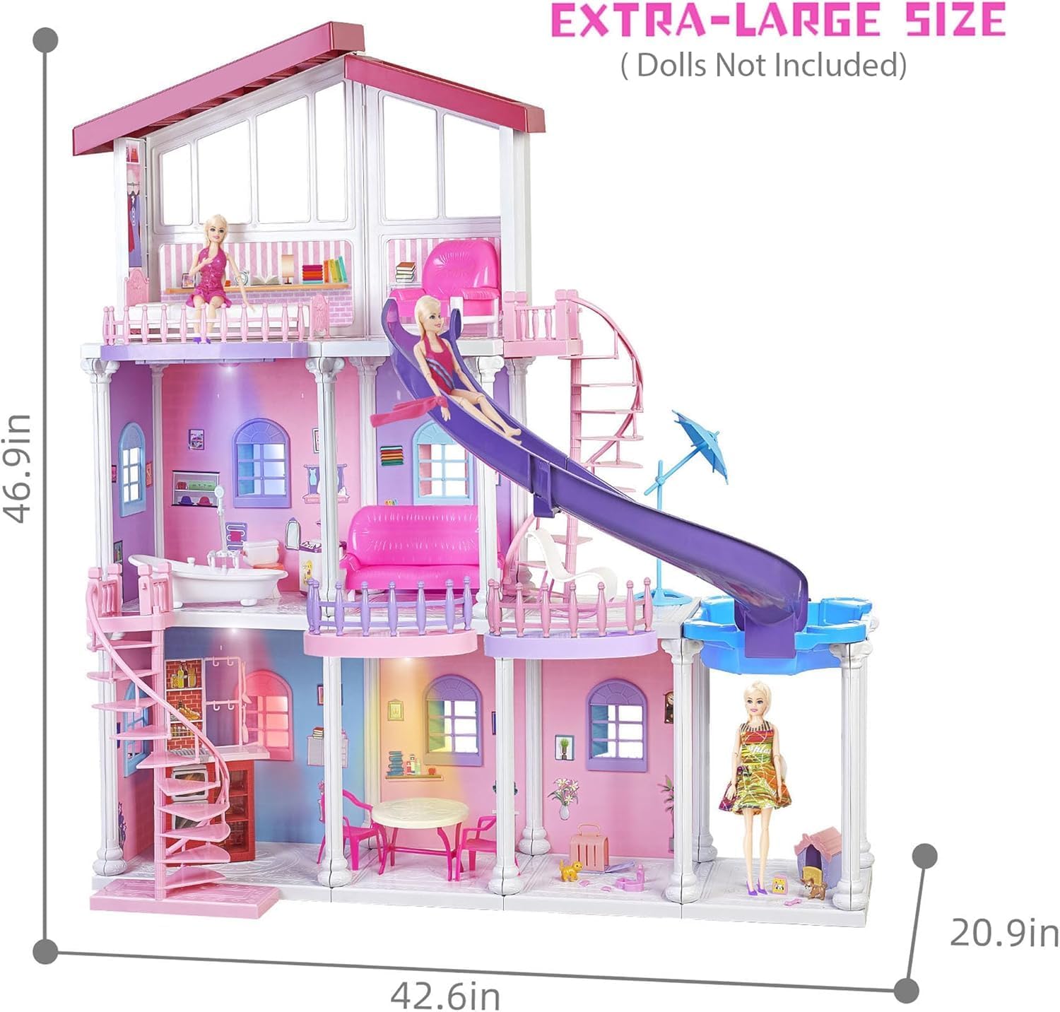 Yellow River My Large Dreamy Doll House, 3-Story 47'' Sturdy Dollhouse with Big Furnitures & Accessories, ABS Plastic Play House Toys Gifts for 3 to 12 Year Olds Girls Kids