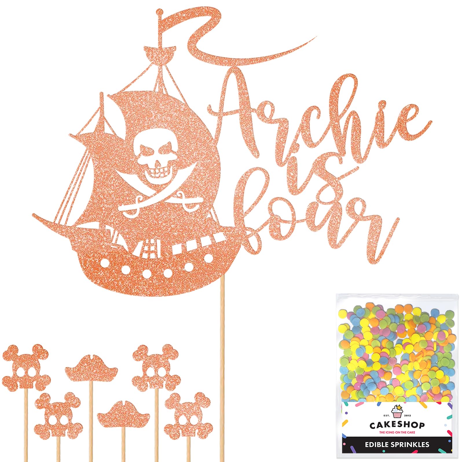 Personalised Birthday Pirate Ship Glitter Cake Topper Rose Gold Any Custom Age & Name Glitter Cake Decoration and Sprinkles - Happy Birthday Decorations - Personalised Toppers for Cakes by Cakeshop — image 1