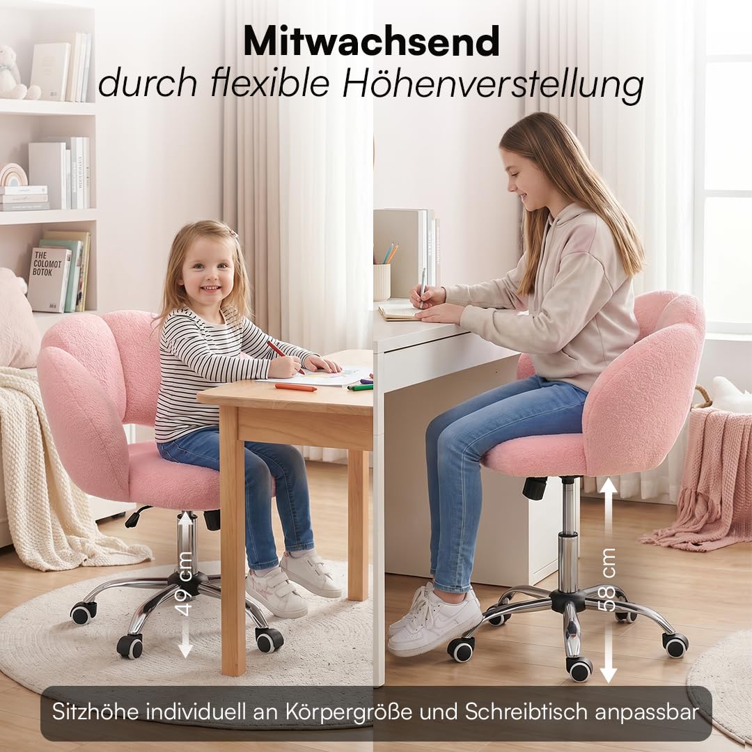 Bellabino Meli Kinderschreibtischstuhl in Wolkenform rosa – 360° Drehstuhl für Kinder- & Jugendzimmer – ergonomischer Kinderstuhl höhenverstellbar – gepolsterter Kinder Schminktischstuhl mit 5 Rollen