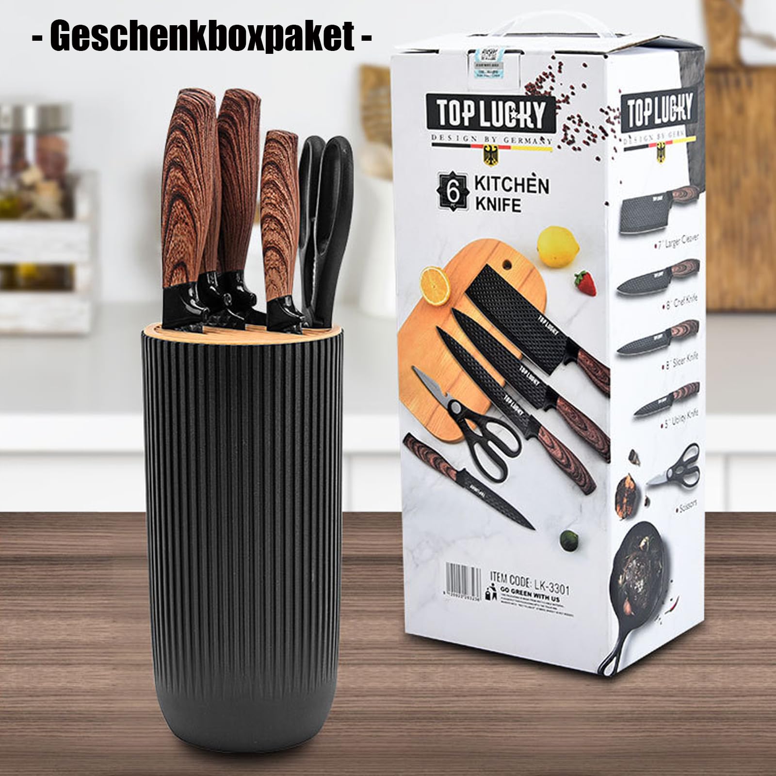 Justup Juego de Cuchillos de 6 Piezas Para Cocina - Cuchillos de Chef Afilados de Acero Inoxidable Antiadherente y Antideslizante Con Asiento (Negro)