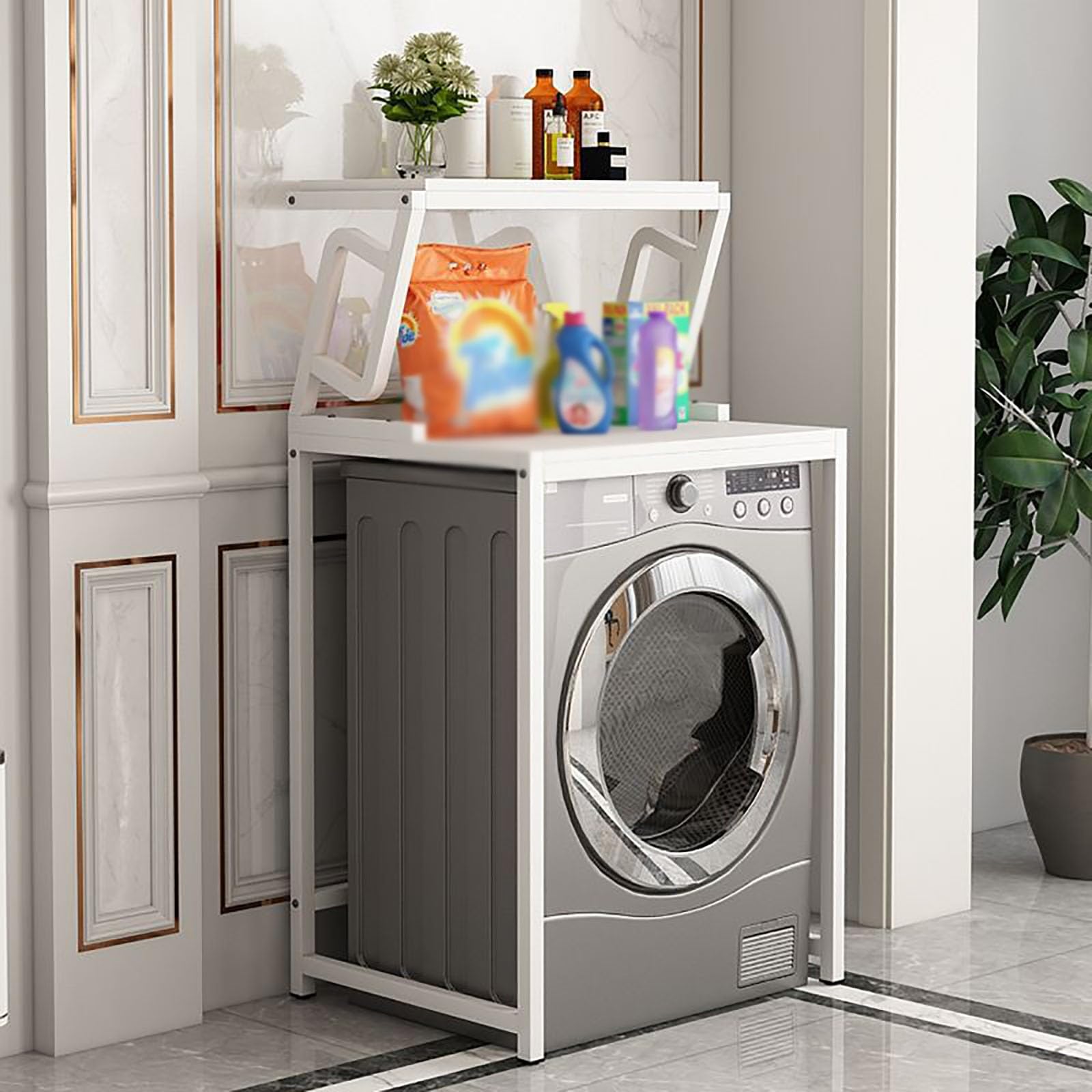 Portaoggetti per Lavatrice, Indipendente, con Ante, salvaspazio, Antipolvere e Impermeabile, Adatto per Bagno, Soggiorno, Balcone (Nero + Legno, Tre Piani)