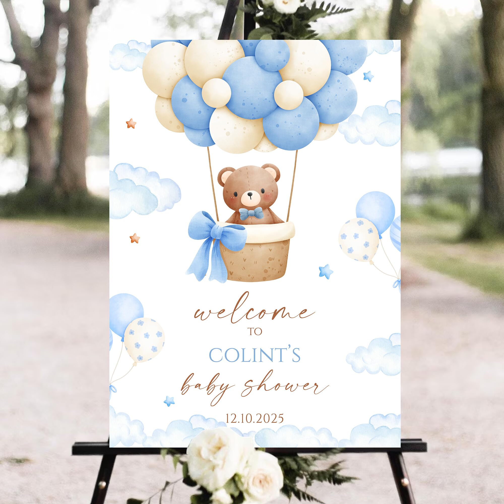 CALLA DECORGIFTS Personalized Baby Shower Welcome Sign, Blue Boy Teddy Bear, Bear Baby Shower Sign, 18 inches x 12 inches, Plastic, Stand Mount,