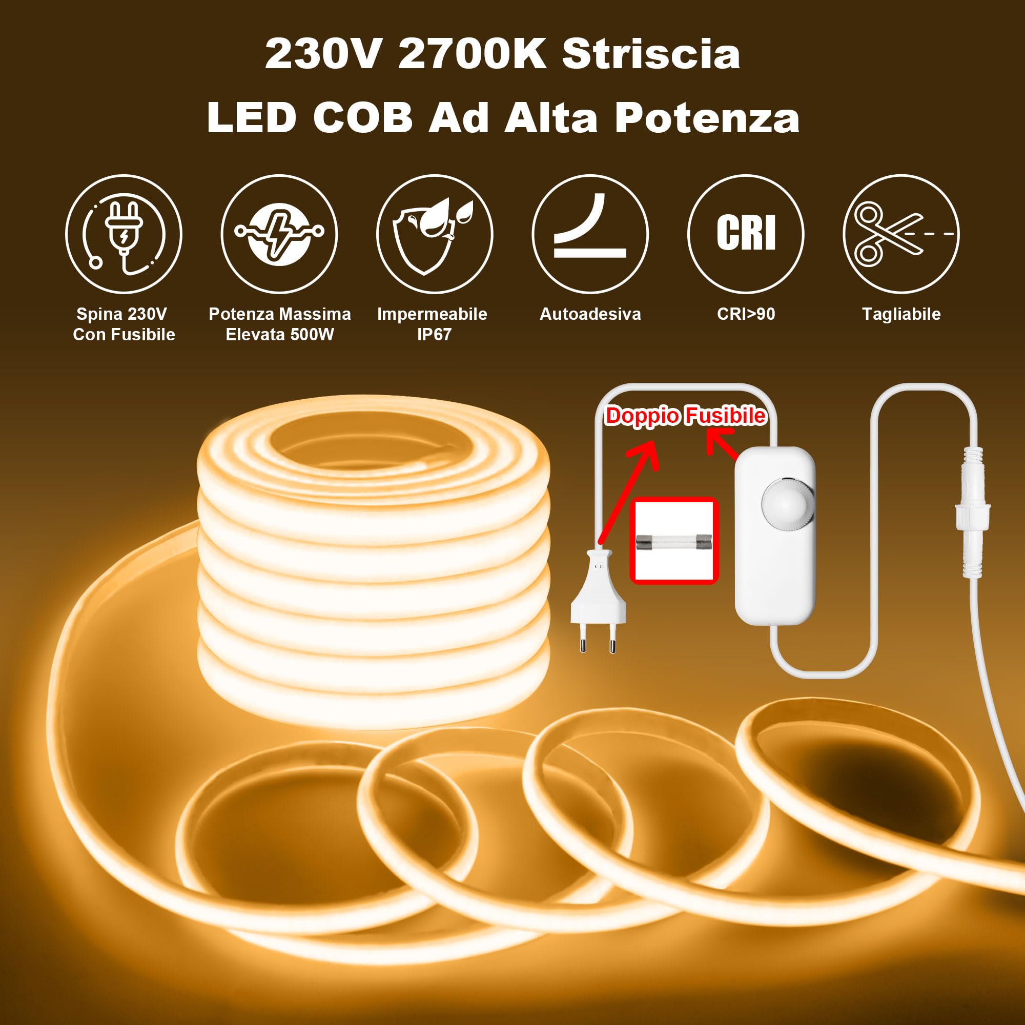 Gliztech Tira LED COB Exterior Impermeable IP67 Enchufe Directo AC 220V, Tira LED para Exteriores con Controlador de Doble Fusible, Luz LED Adhesiva para Jardín, Decoración Comercial (30M, 2700k)