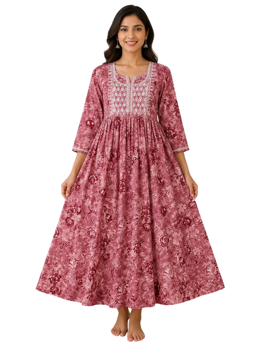Women's Floral Printed Anarkali Midi Dress | Round Neck | 3/4 Sleeves | Flared Ethnic Dress for Casual, Festive, Party-picture-44