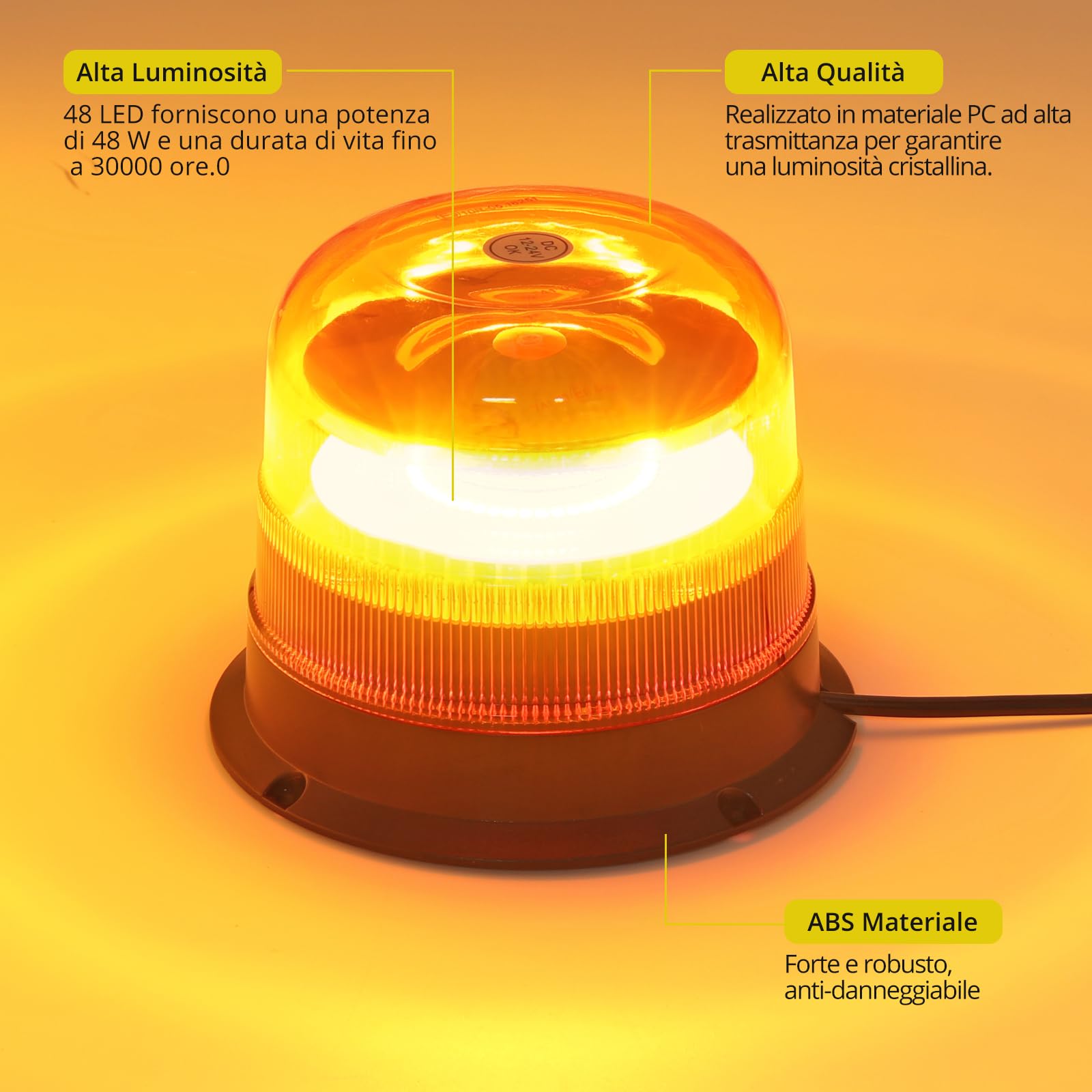 PROZOR 48W Stroboscopica Lampeggiante Luce per 12/24V Stroboscopica Magnetica di Emergenza Impermeabile 10 Modalità Lampeggiante di Segnalazione di Recupero Ambra con Cavo di Alimentazione da 5 m