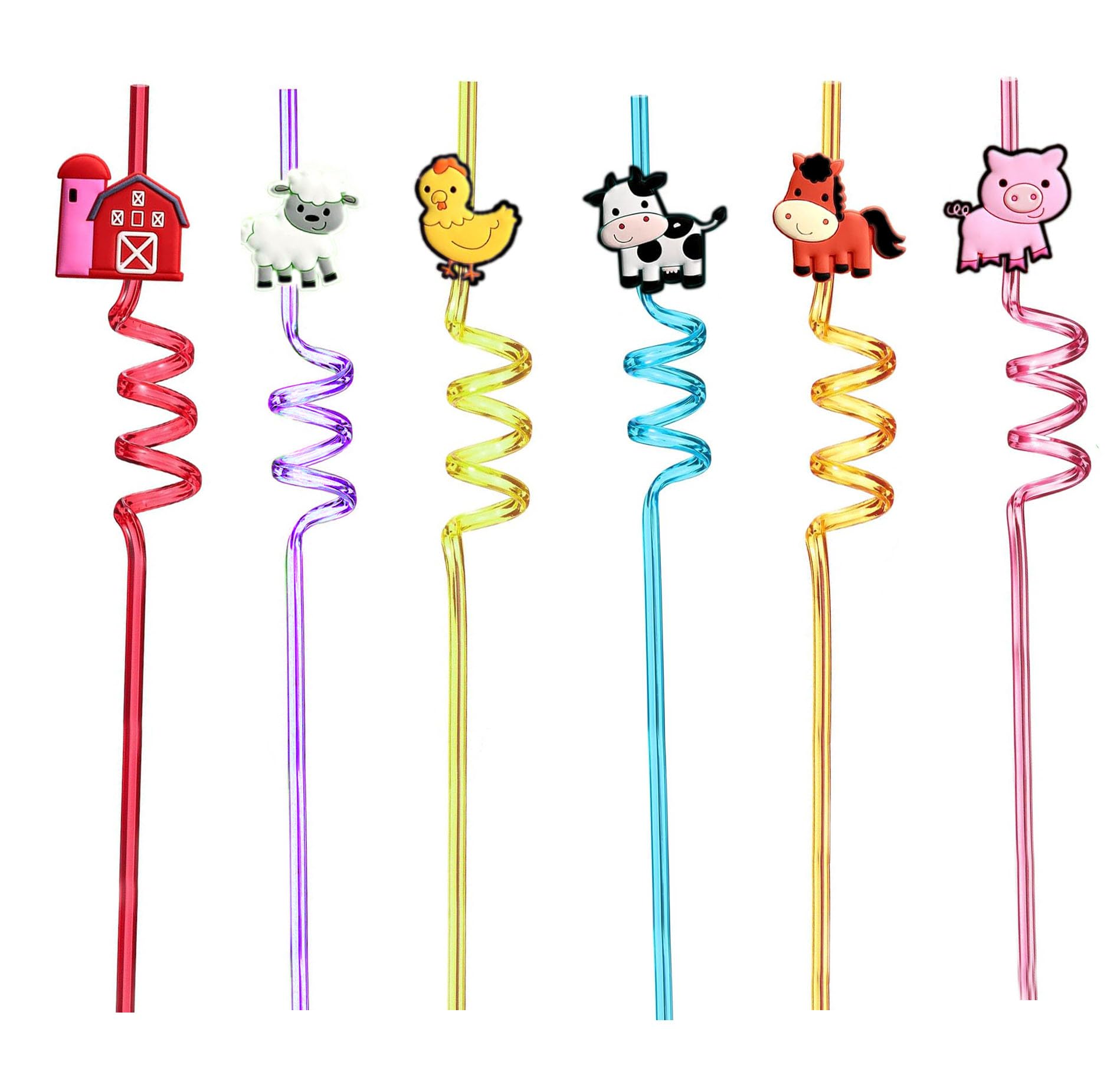 12pcs (6 Styles) Drinking Plastic Straws Reusable Farm Animal Design Reusable Straws with 2 Brushes for Birthday Pool Underwater Party Decorations