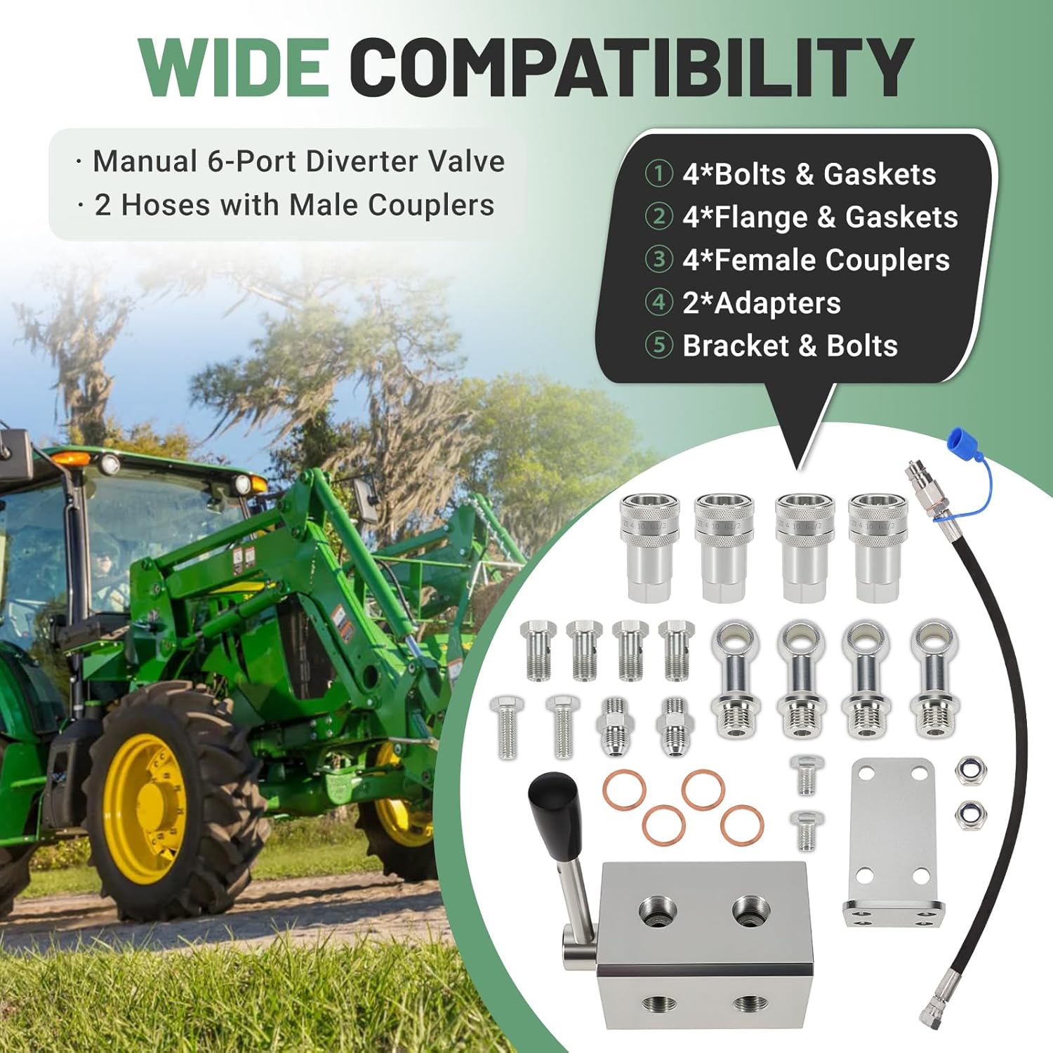 Tractor Remote 6-Port Hydraulic Diverter Valve Kit, 2 Into 4 Ports Manual Hydraulic Splitter Valve with Bracket and Bolts - Tractor Attachments - Image 3