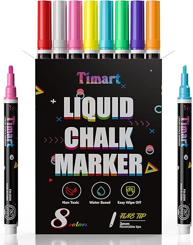 Timart Marcadores de tiza líquida punta fina 8 colores lavables para ventana 0118in marcadores de borrado en seco para automóvil pizarra y bistró
