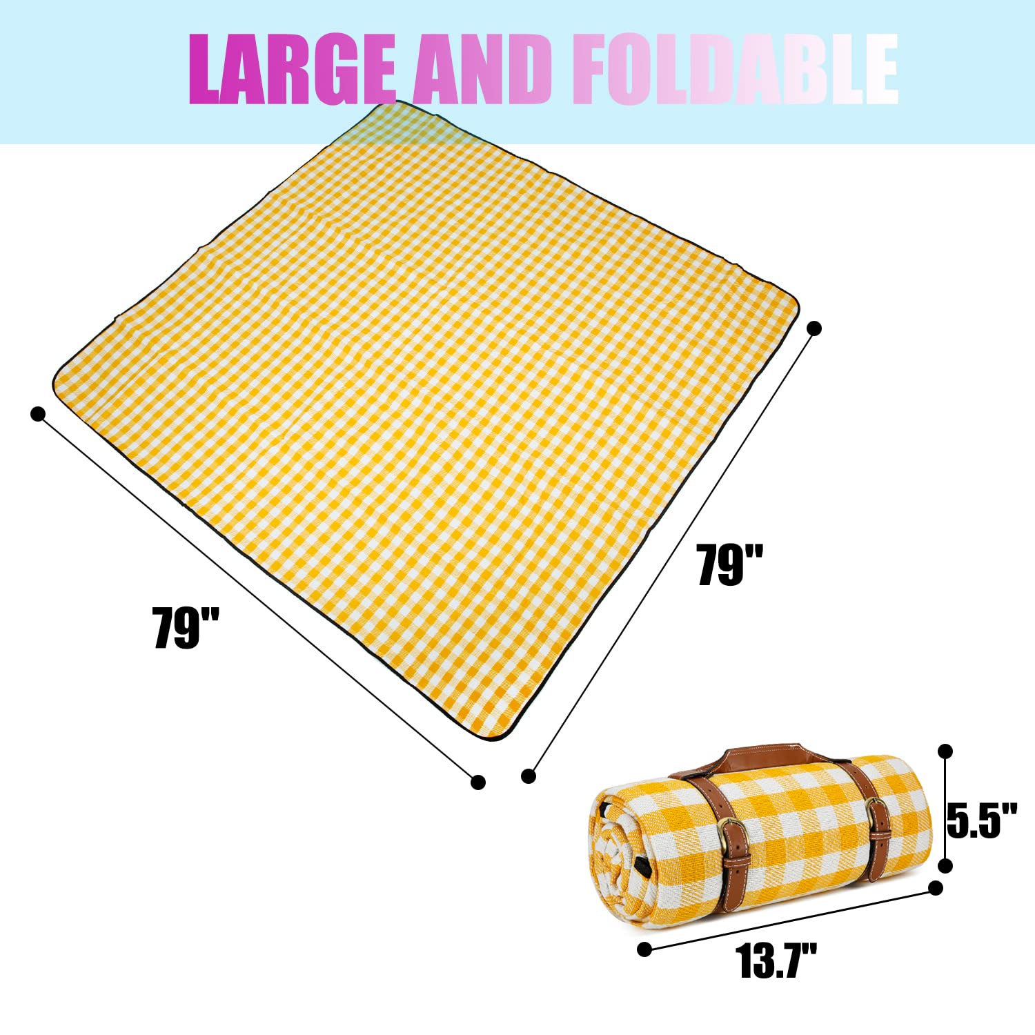 Picknick-Matte, 200x200 cm, übergroße Picknickdecke, wasserdicht, sanddicht, große und dicke Gingham-Picknickdecke für Strandmatten oder Familien-Outdoor-Camping-Partys, Gelb kariert