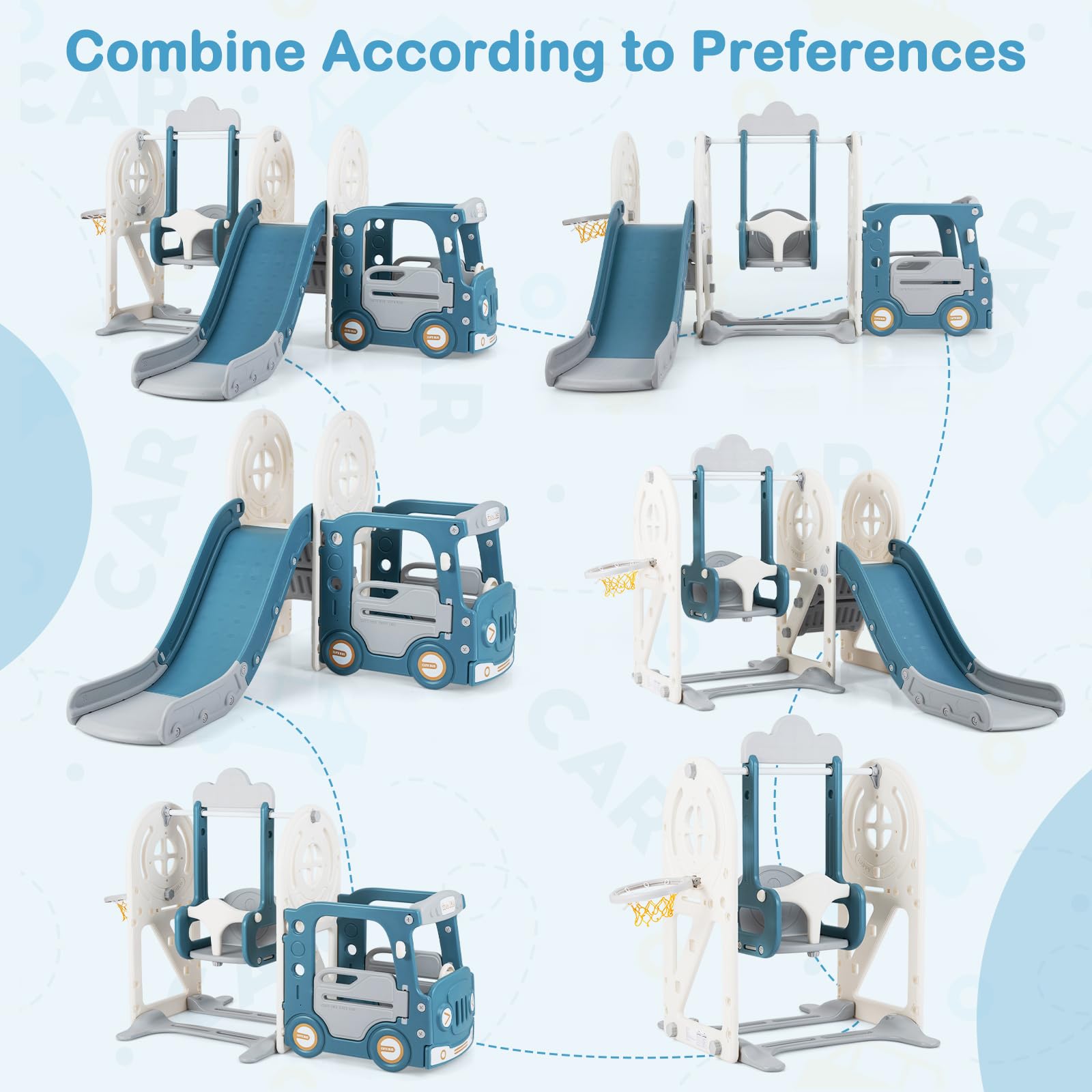 OLAKIDS Toddler Slide and Swing Set, 5 in 1 Bus Themed Baby Slide with Climber Basketball Hoop Car Playhouse for Indoor Outdoor Boys Girls Aged 3+ (Blue) - 5