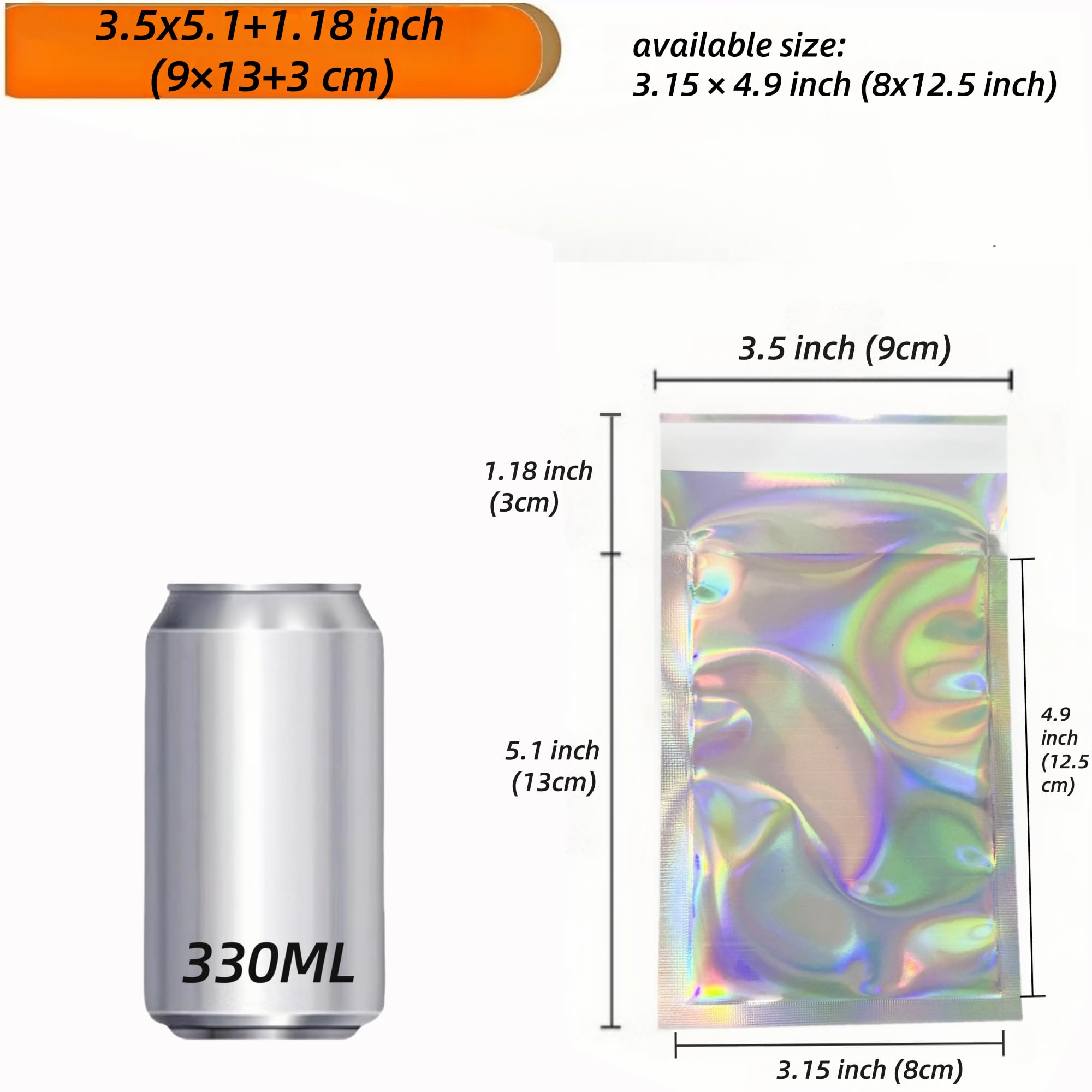 Paquete de 100 sobres holográficos metálicos de polietileno con autosellado, bolsas de papel de aluminio con purpurina, sobres de envío, bolsas de almacenamiento para envío (plata, 3.54 x 5.12 + 1.2