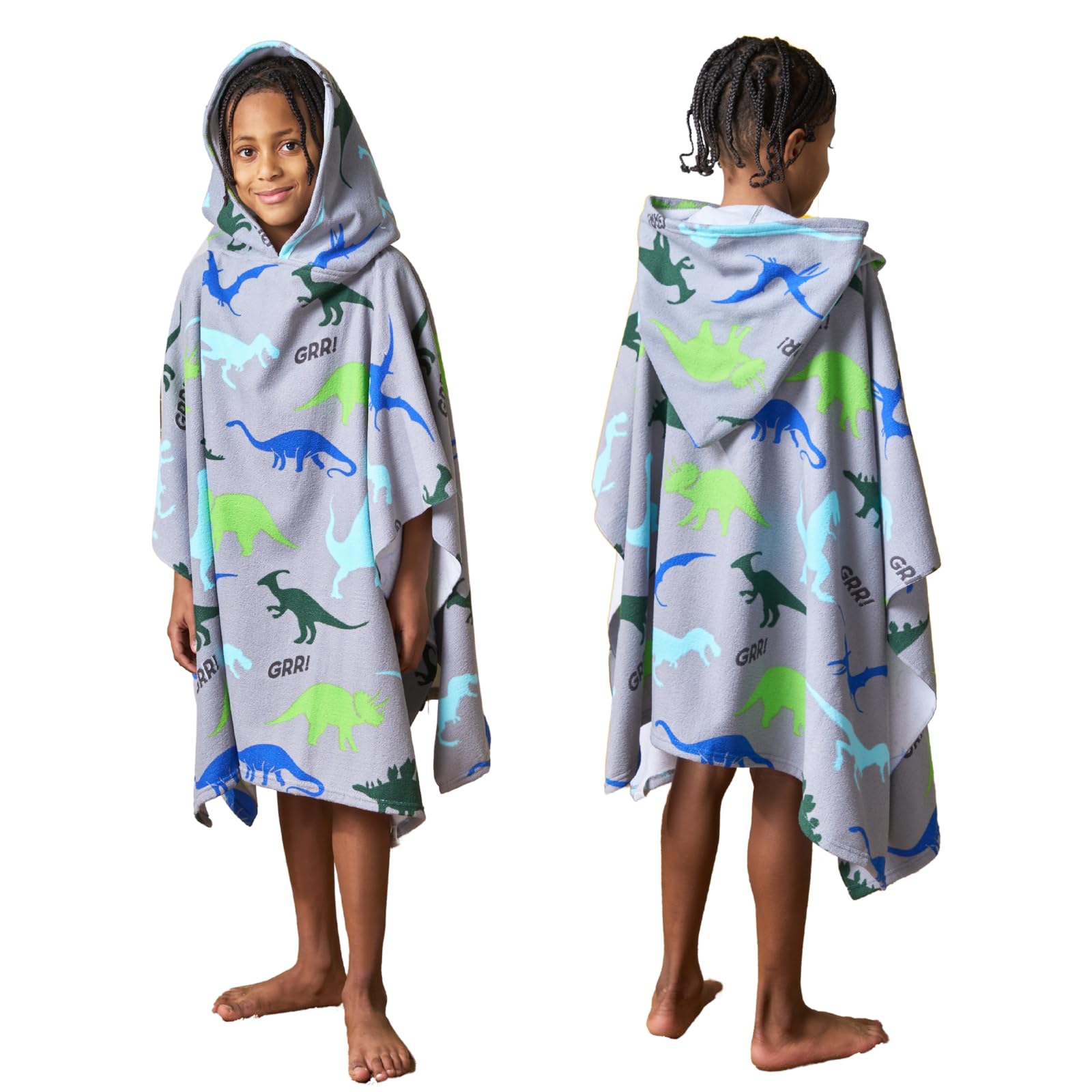 Kids Poncho Towel, Swimming Pool Hooded Changing Robe, Surfing, Beach, Baths, Quick Dry Soft Microfibre, Dino Print, 140x100cm