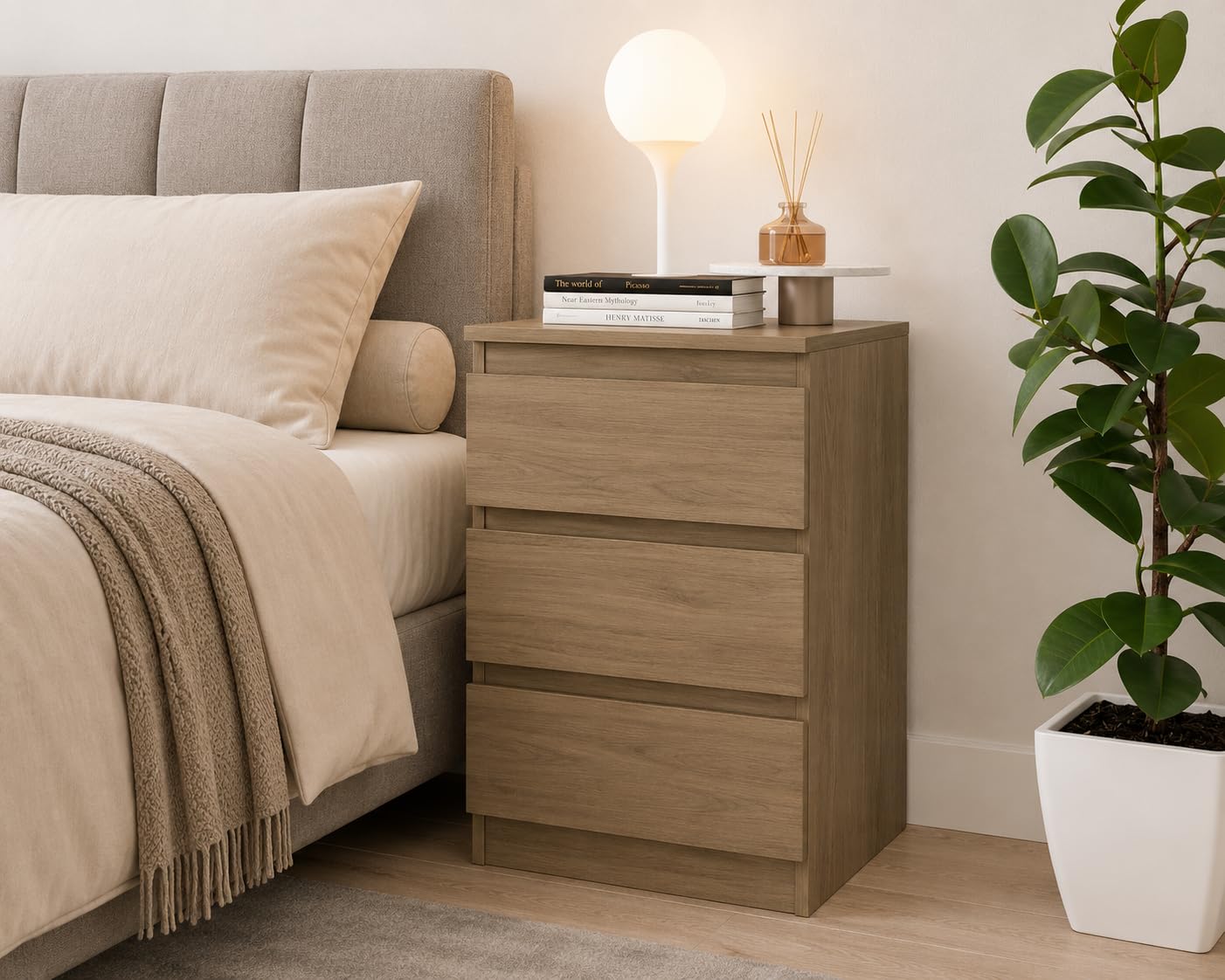 URBNLIVING Bedside Table with 3 Drawers, 62cm Height - Modern Chest of Drawers Dresser with Smooth Metal Runners for Bedroom, Living Room, Office & Hallway