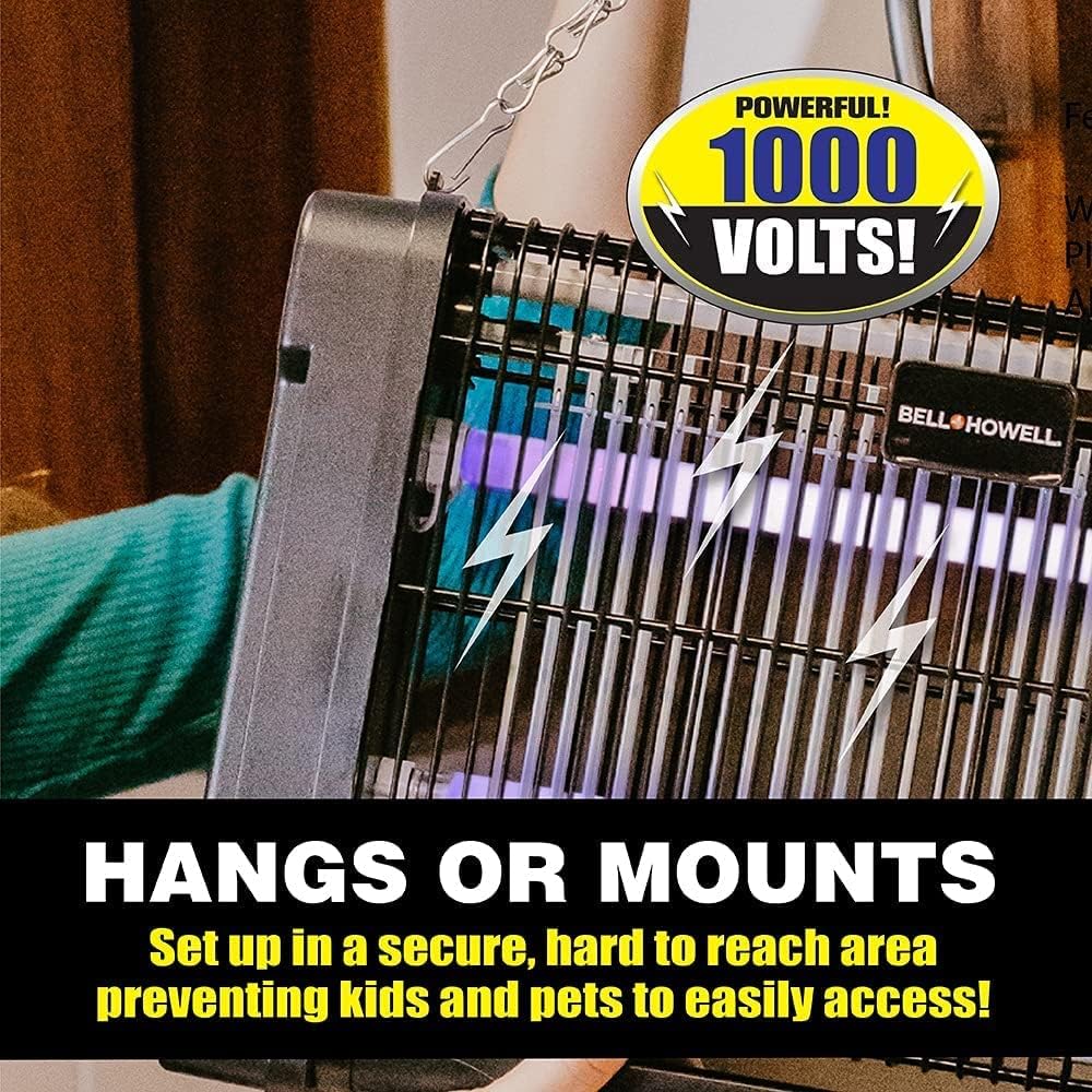 The bug zapper hanging by a chain, with text 'POWERFUL! 1000 VOLTS! HANGS OR MOUNTS Set up in a secure, hard to reach area preventing kids and pets to easily access!'