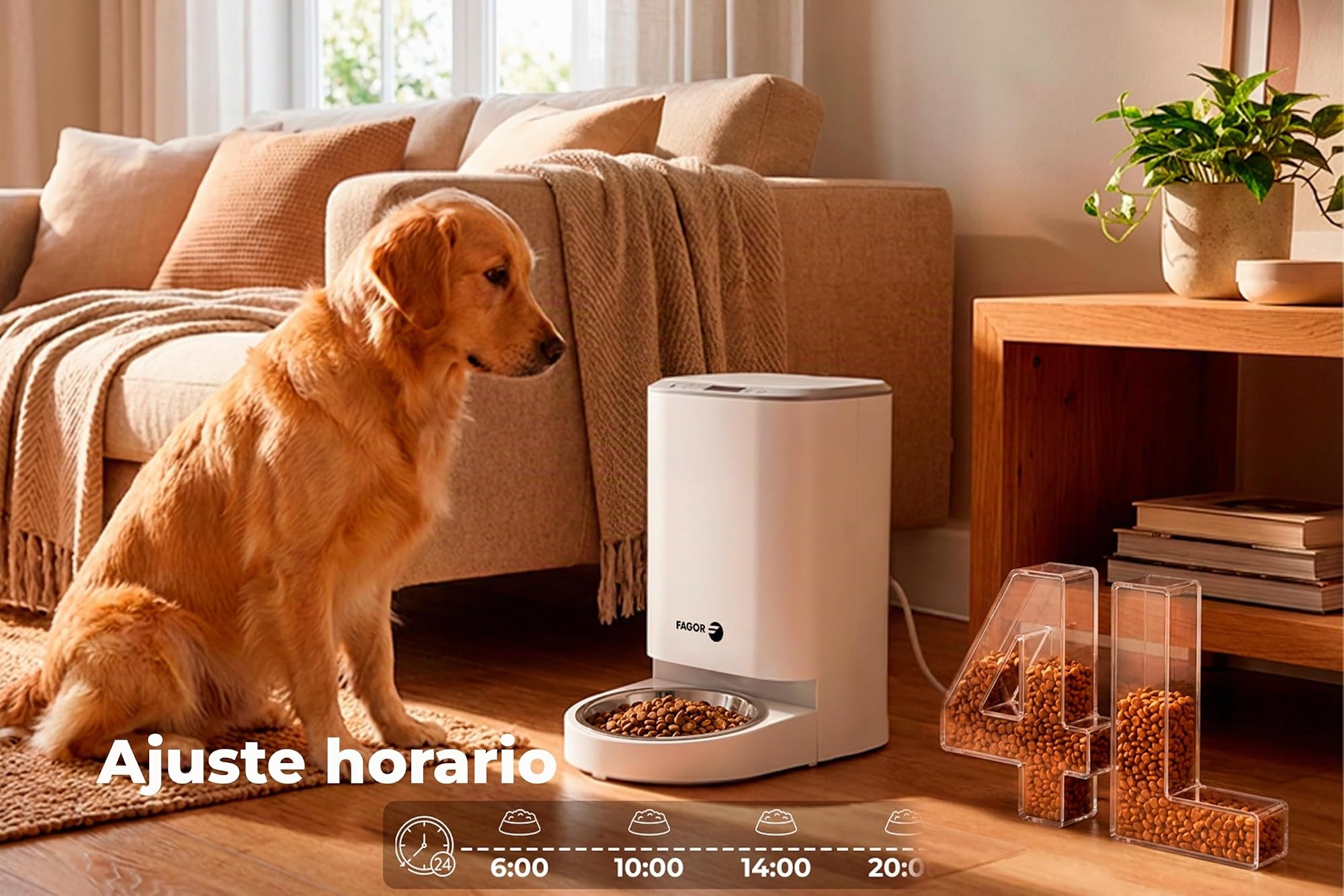 Comedero Automático para Perros y Gatos 4L, Dispensador de Comida Programable con Temporizador, Sistema Antiatasco, Alimentador Automático con Batería de Respaldo, FAGOR MealMate One