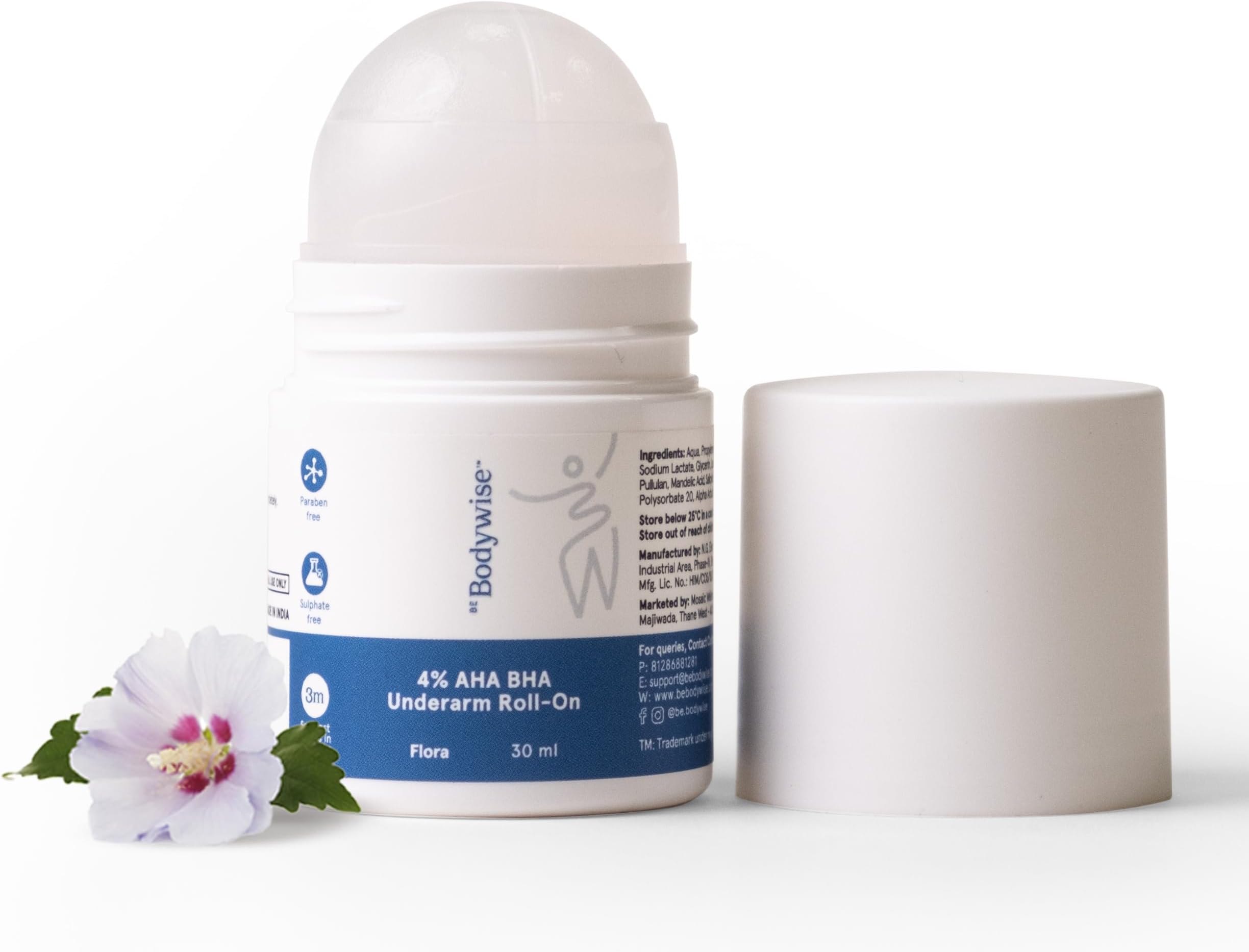 Be Bodywise 4% Aha Bha Flora Underarm Roll On | With 2% Lactic Acid, 1% Mandelic Acid, 1% Salicylic Acid | Prevents Odour, Alcohol & Aluminum Free | Suitable For Sensitive Skin | 30Ml for Women