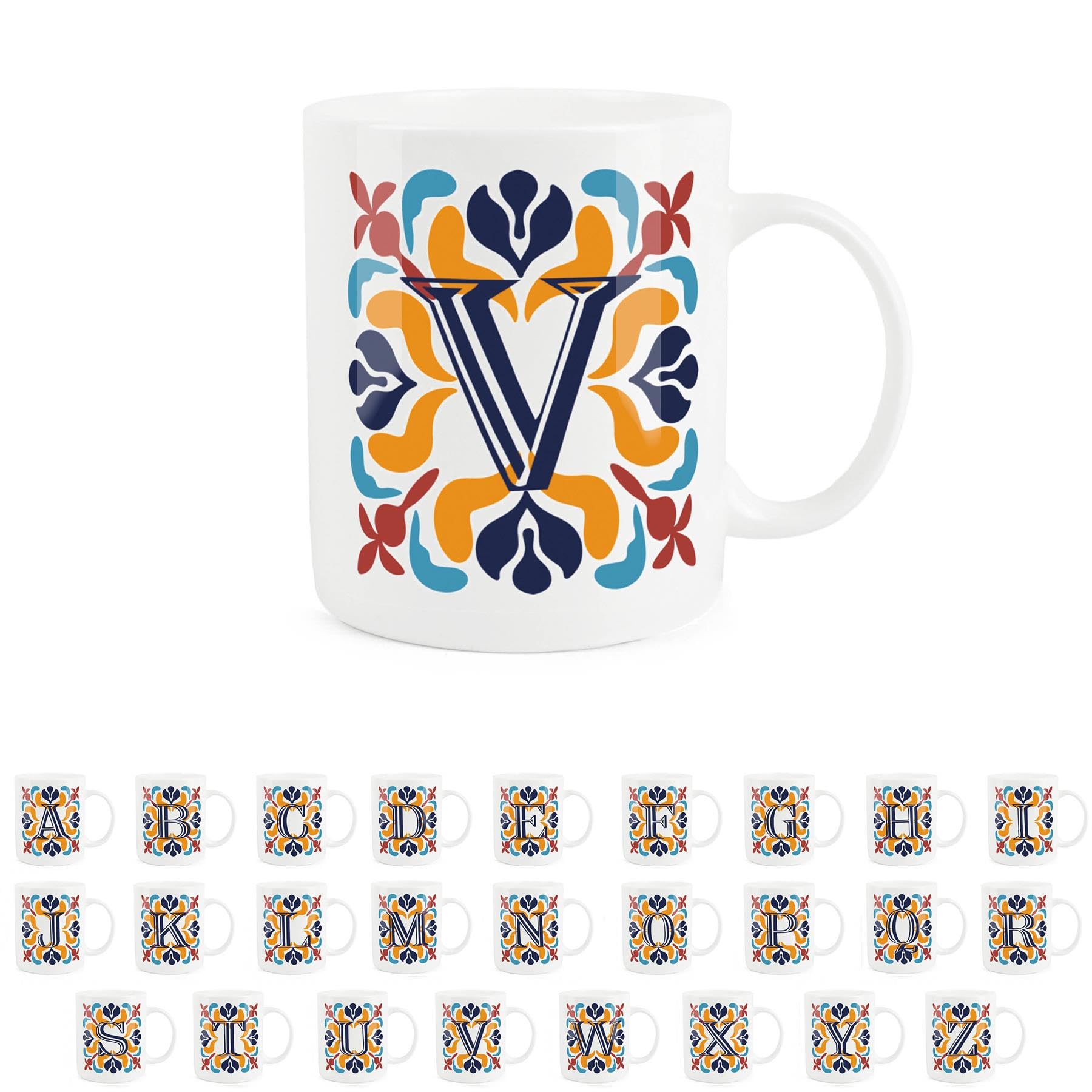 Purely Home Moroccan Tile Red & Navy Blue Letter V Mug - White Initial Personalised Alphabet Tea Coffee Bone China Mug
