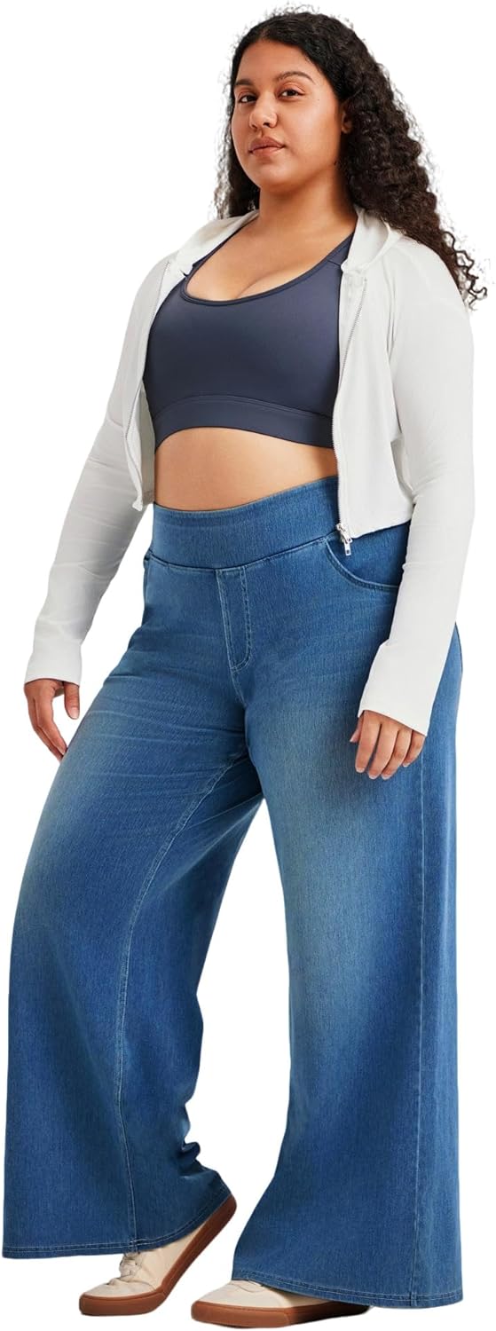 Large Wide Leg Jeans for Women,High Waisted and Slimming with Multiple Pockets,High Elasticity Casual Denim Pants - Image 2
