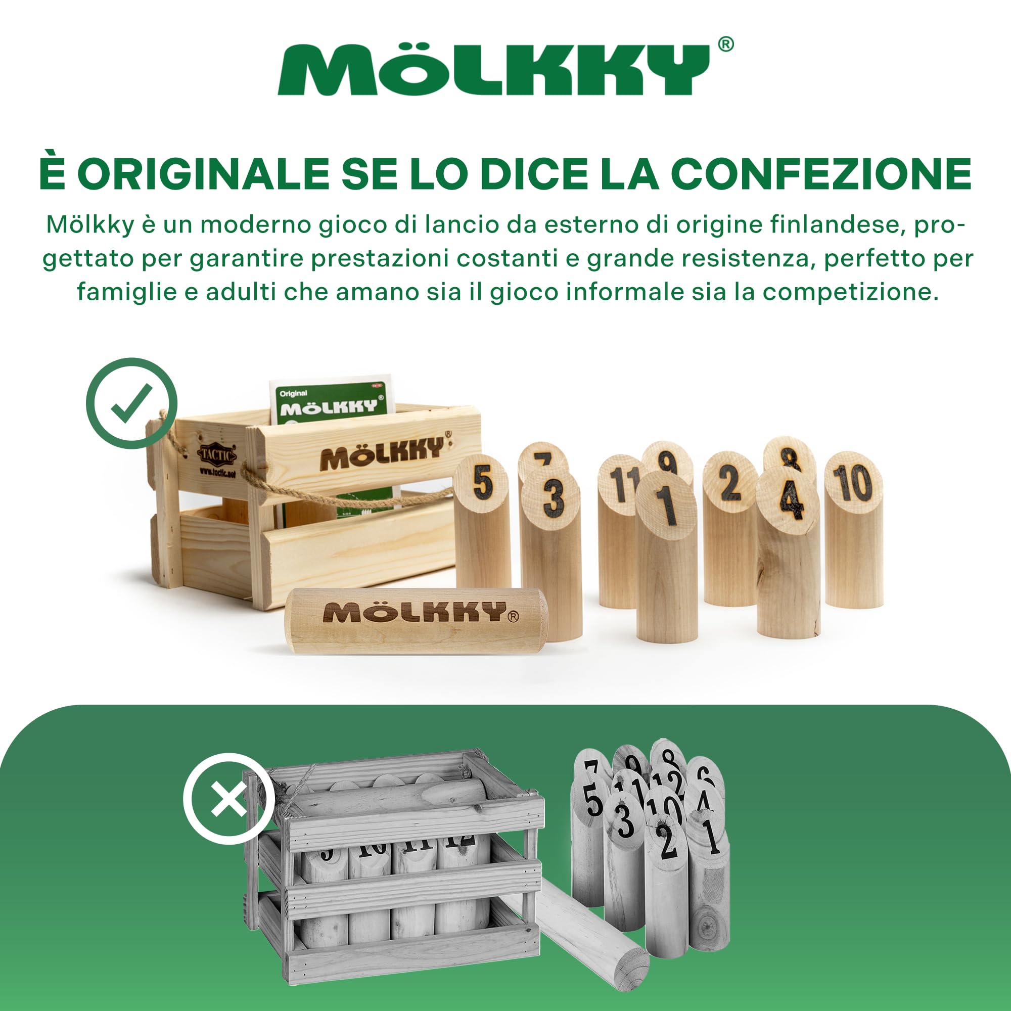 Mölkky Original - Giochi da Lancio all'aperto per Giardino, Spiaggia, Feste - 12 Birilli in Legno di Betulla, 1 Bastoncino, Giochi all Aperto Adulti, Famiglie, Gruppi, 2+ Giocatori, età 6+