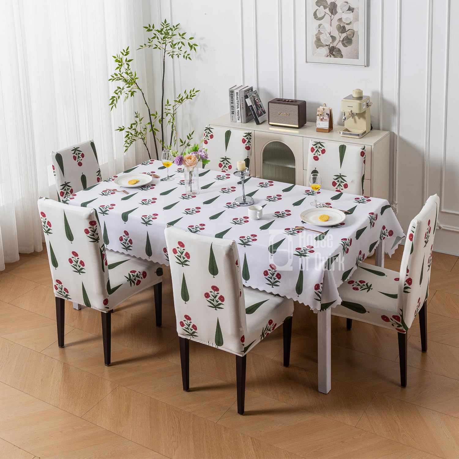 House of Quirk Dining Table Cover Waterproof with 6 Chair Covers for Kitchen Dining Table Cloth Dust and Oil Repellent (Shalimar Garden, 1 Table Cover + 6 Chair Cover)