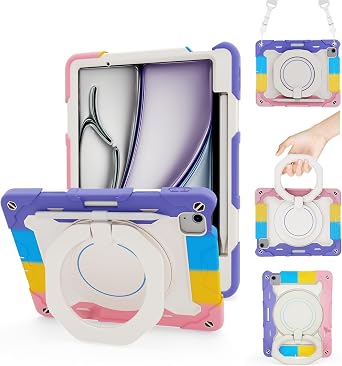 for iPad Air 11 Inch Case M3 M2 2025/2024 with Pencil Holder/ 360 Rotating Kickstand/Grip Handle/Shoulder Strap for Kids Girls Heavy Duty Rugged Protective Cover for iPad Air 11 inch M2 M3, Pink