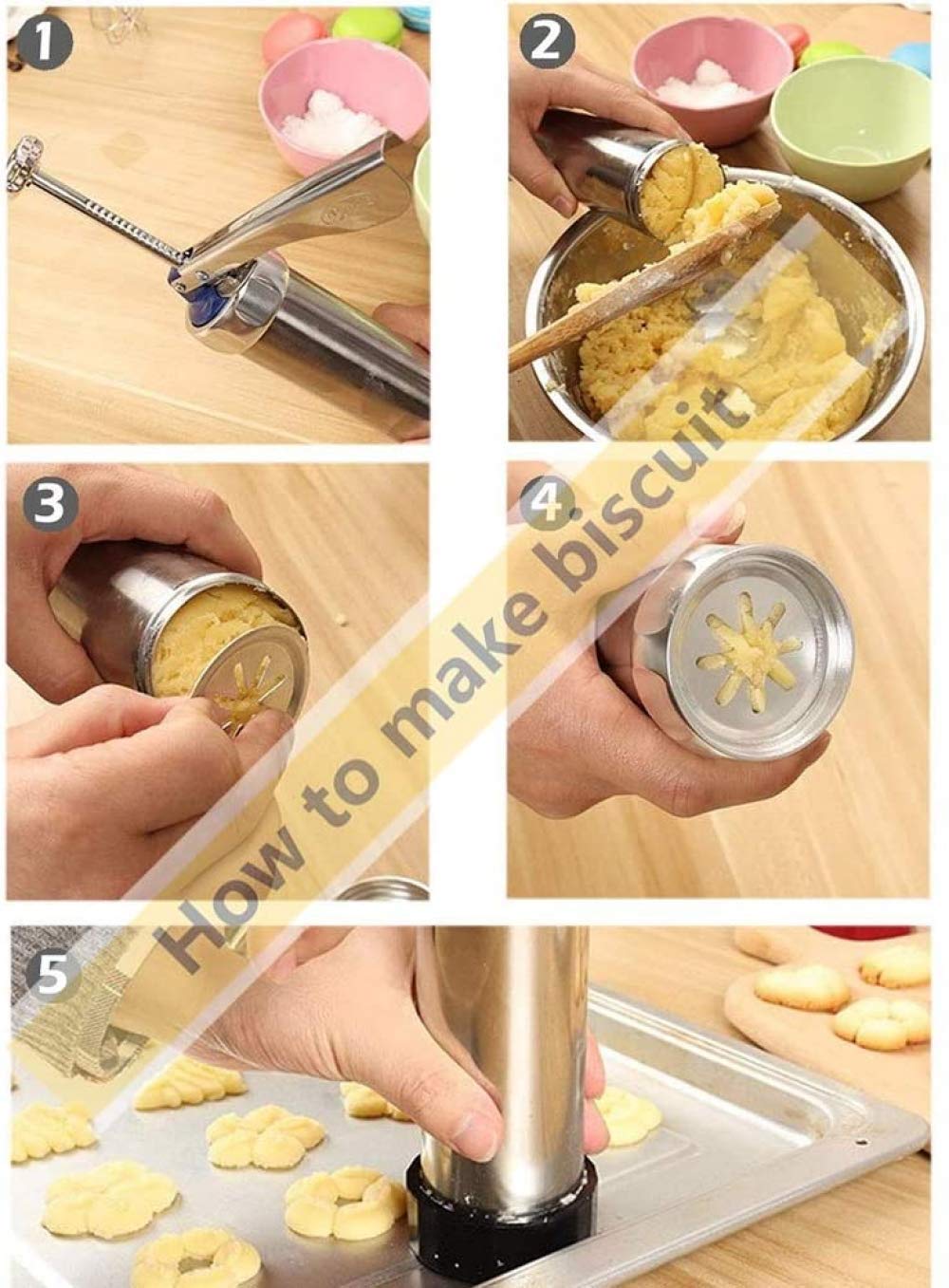 Ensemble de presse à biscuits, ensemble de biscuits en métal Ensemble de biscuits de qualité alimentaire avec 20 tranches et 4 embouts de glaçage, facile à cuire, facile à vivre, argent